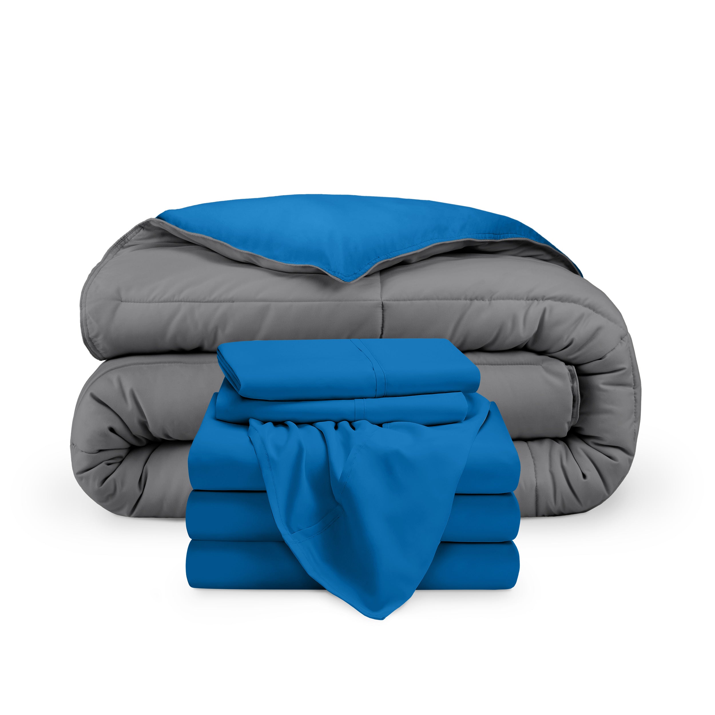 A reversible microfiber comforter and a coordinating sheet set folded and stacked