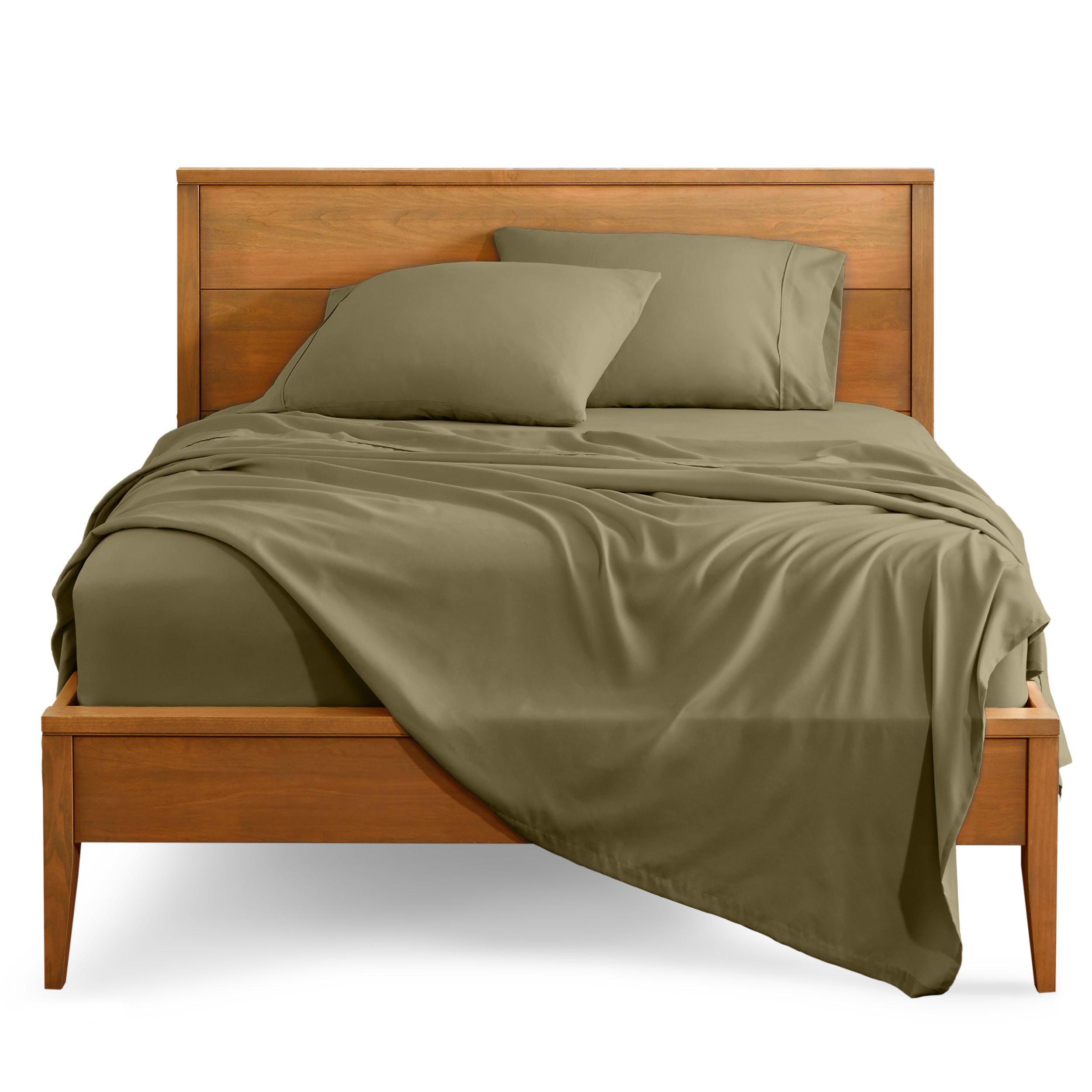 Microfiber sheet set on a bed with a wooden bed frame
