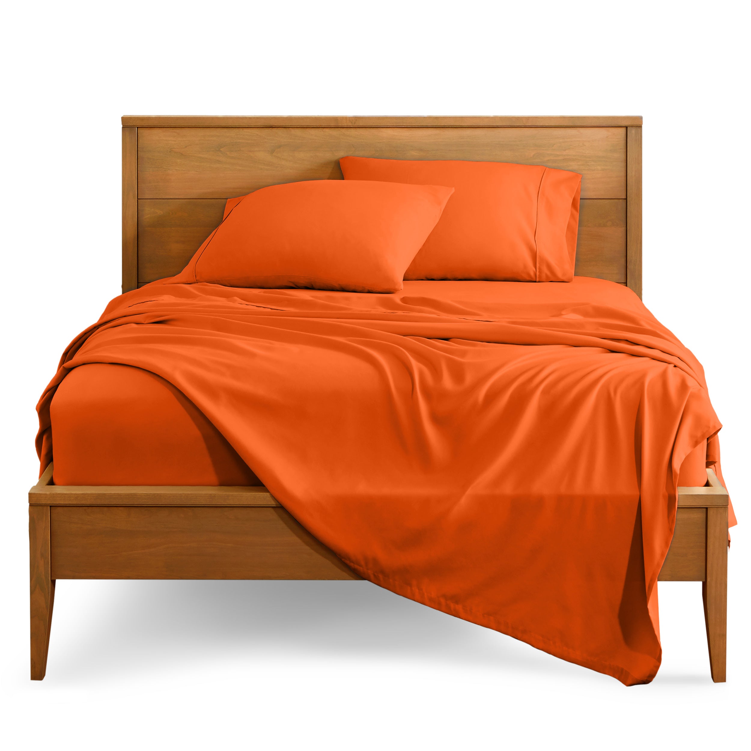Microfiber sheet set on a bed with a wooden bed frame
