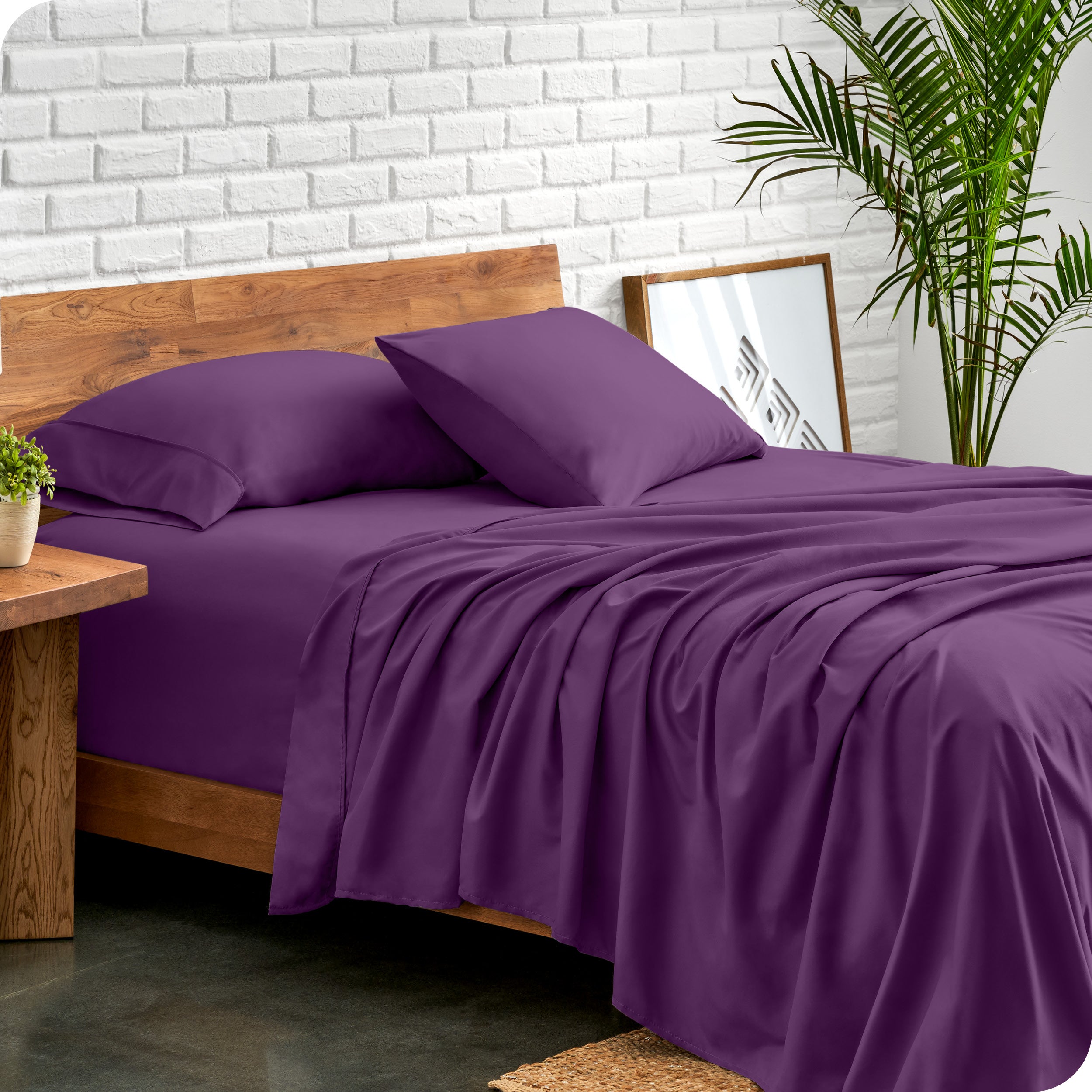 Microfiber sheets and matching pillowcases on a bed next to a large plant