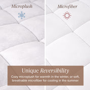 A split image shows a cooling texture on one side of the reversible mattress pad and a warm texture on the other side.