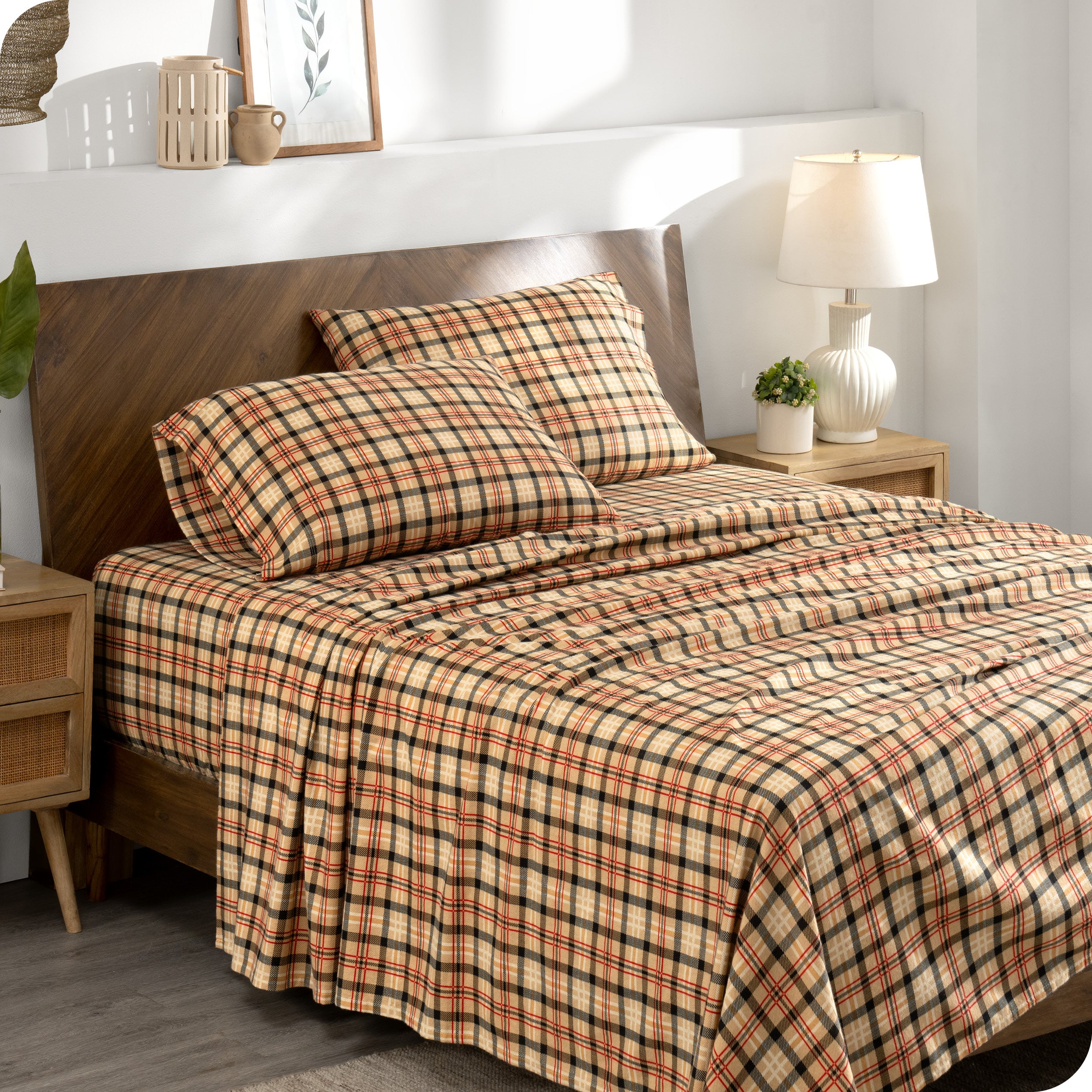 Plaid flannel sheets on a bed
