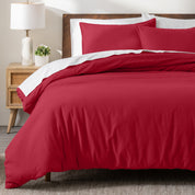 A modern bed with a flannel duvet cover set consisting of the duvet cover and two pillows.