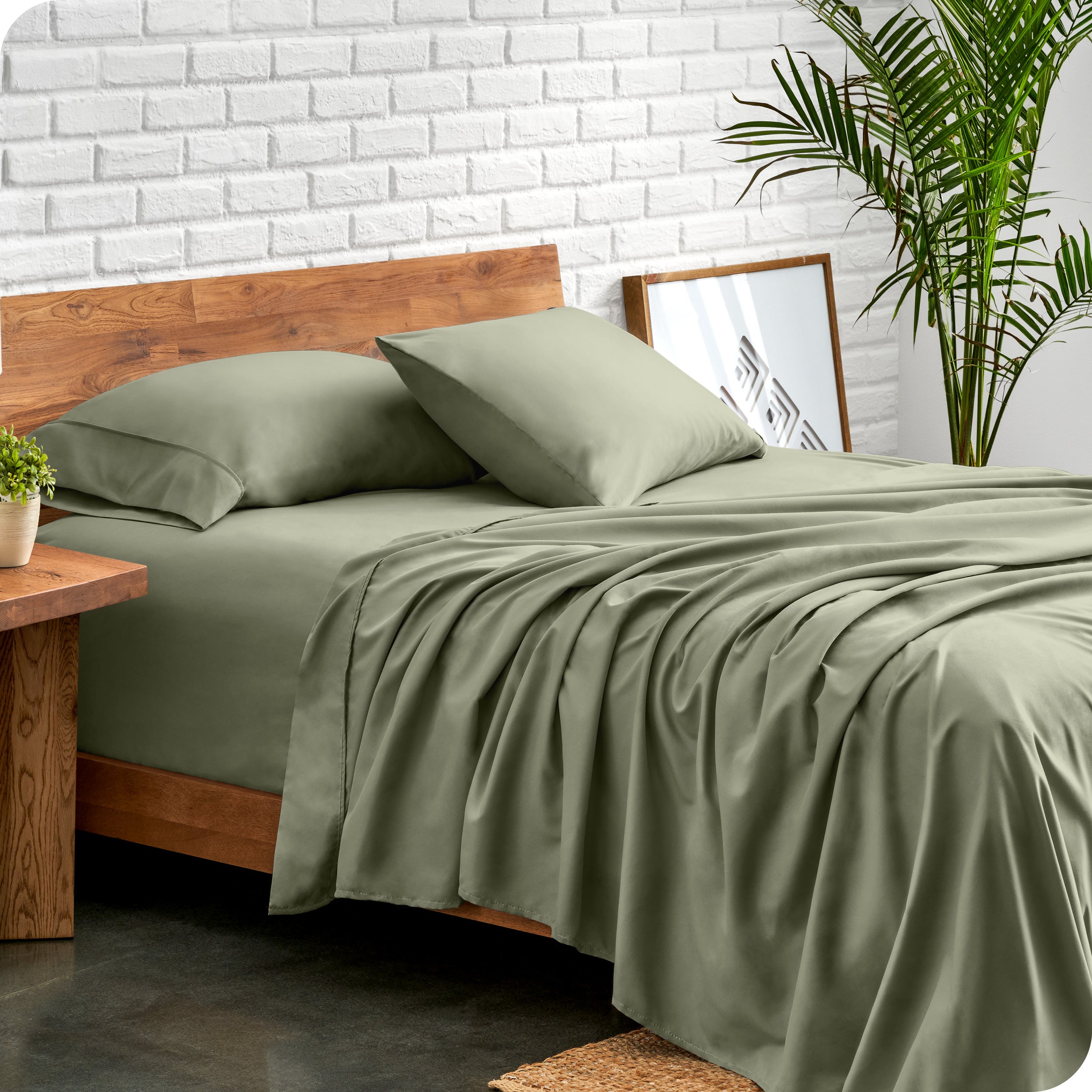 Microfiber sheets and matching pillowcases on a bed next to a large plant