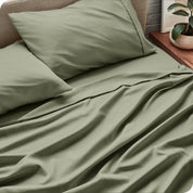 Close up of a microfiber sheet set on a bed