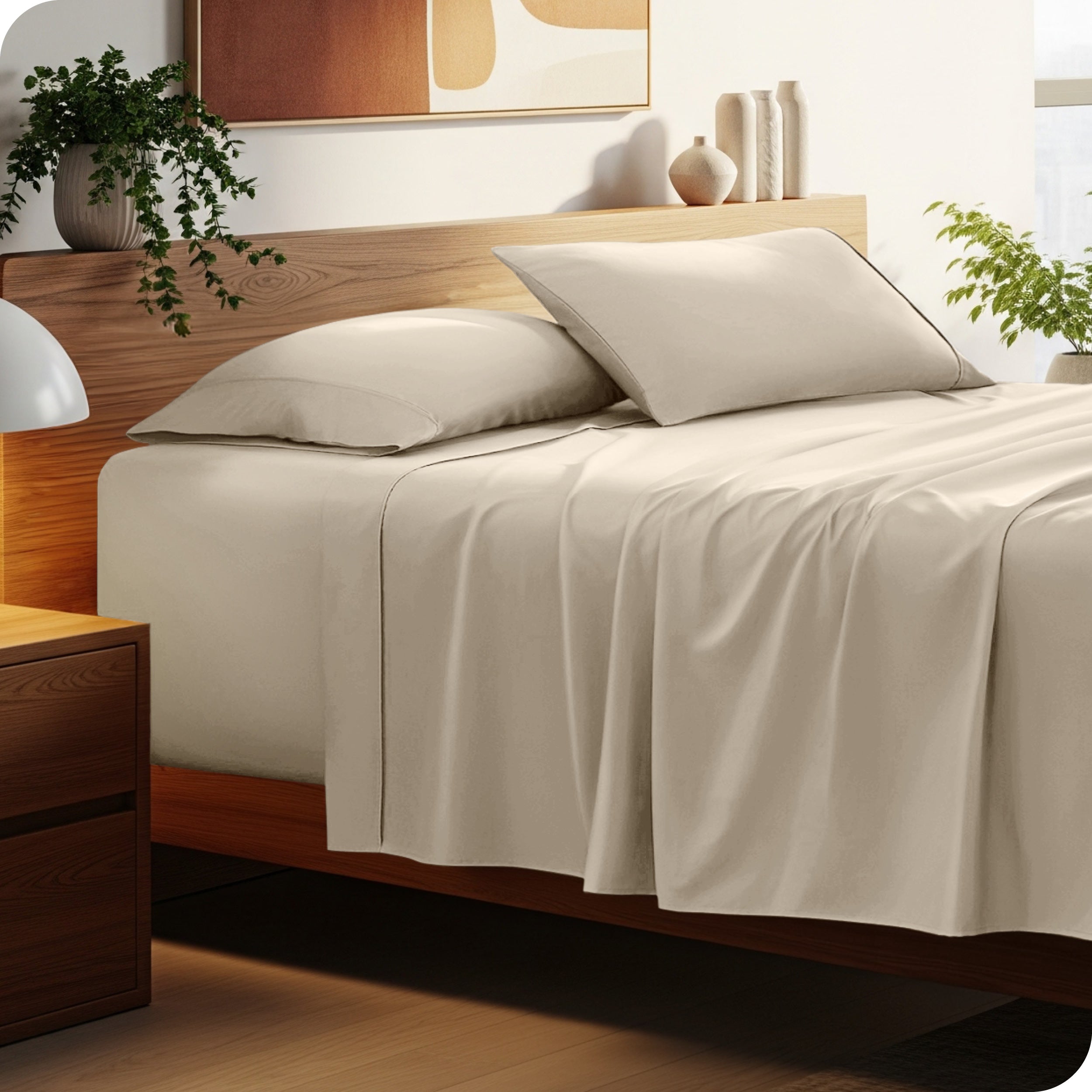 A cozy bedroom featuring a neatly made bed with soft, microfiber sheets