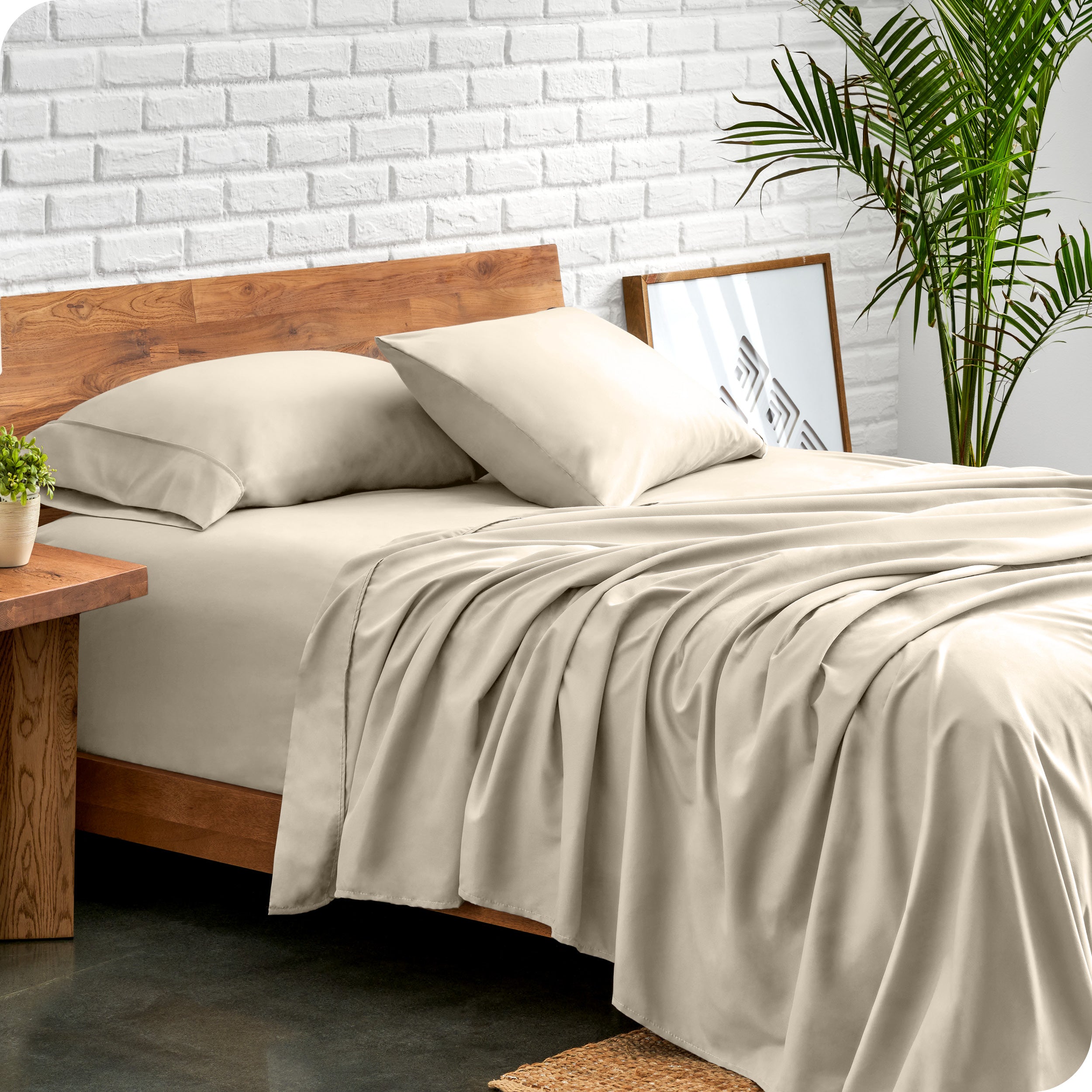 Microfiber sheets and matching pillowcases on a bed next to a large plant