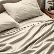 Close up of a microfiber sheet set on a bed