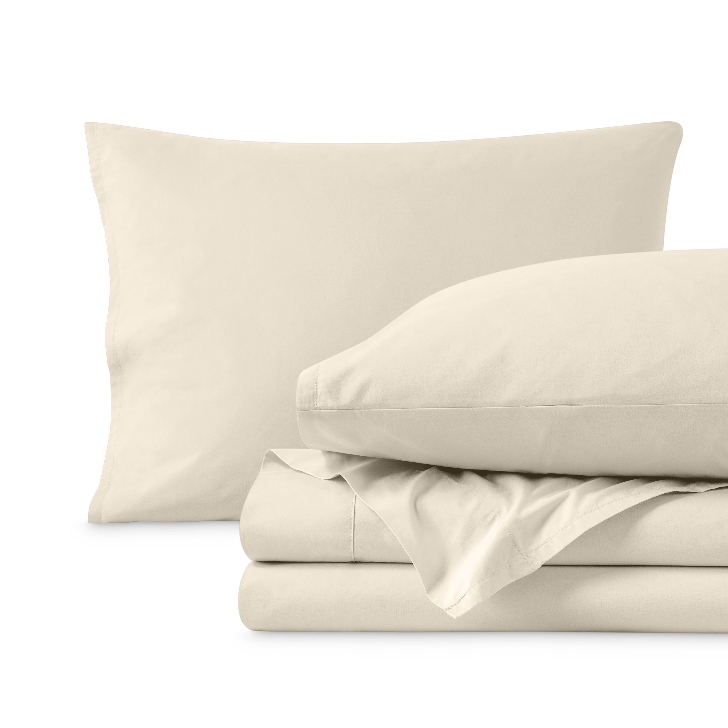 Percale sheet set with two pillows and folded sheets on a white background
