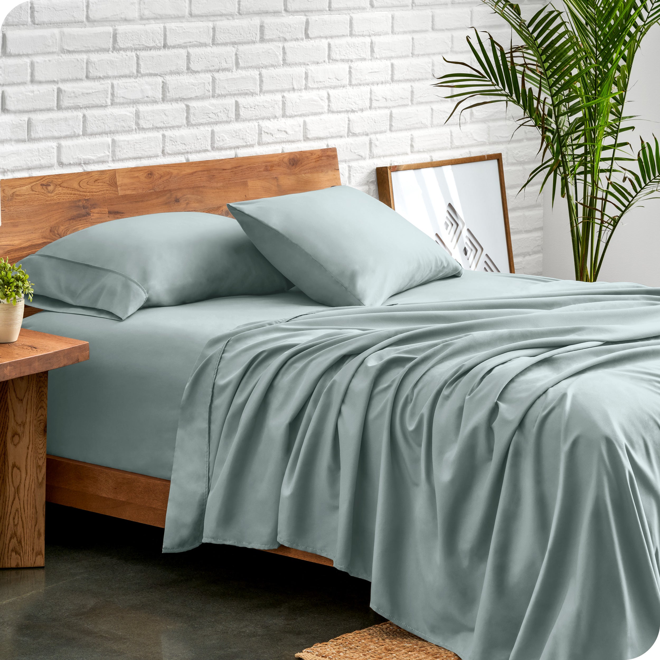 Microfiber sheets and matching pillowcases on a bed next to a large plant
