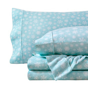 Printed flannel sheets folded and stacked