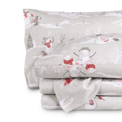 Printed flannel sheets folded and stacked