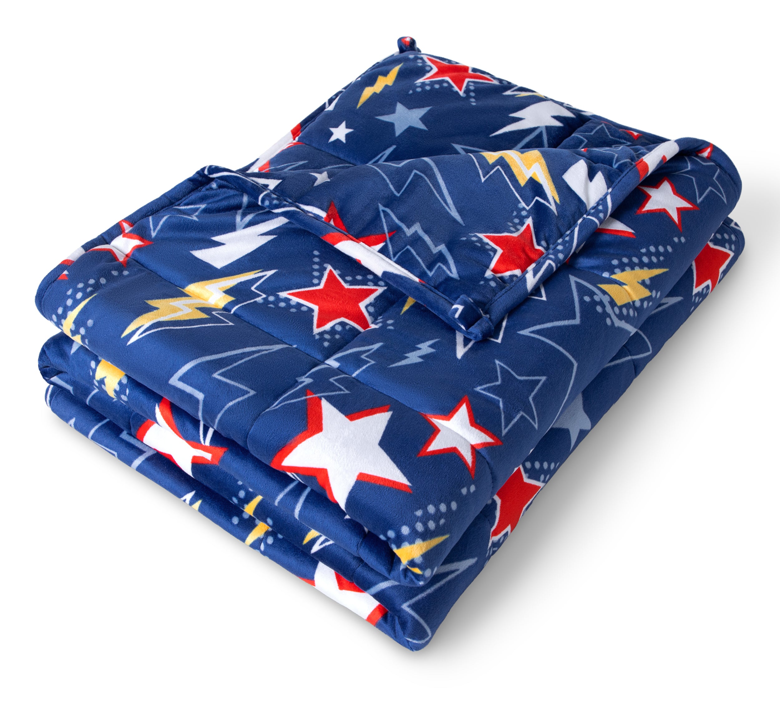 A folded minky fleece weighted blanket with a white background.