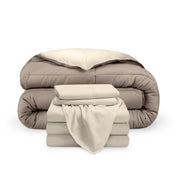 A reversible microfiber comforter and a coordinating sheet set folded and stacked