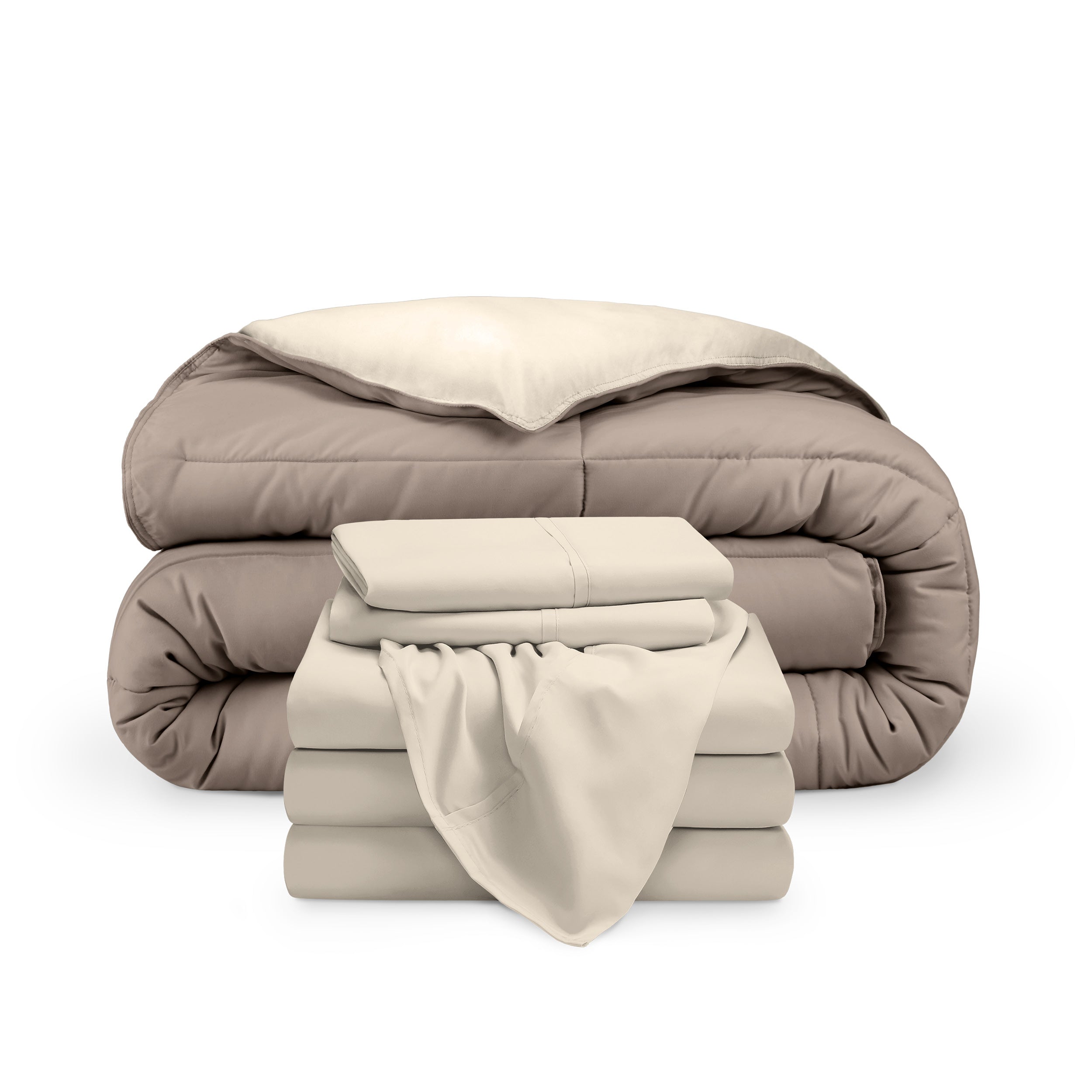 A reversible microfiber comforter and a coordinating sheet set folded and stacked
