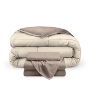 A reversible microfiber comforter and a coordinating sheet set folded and stacked