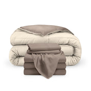 A reversible microfiber comforter and a coordinating sheet set folded and stacked