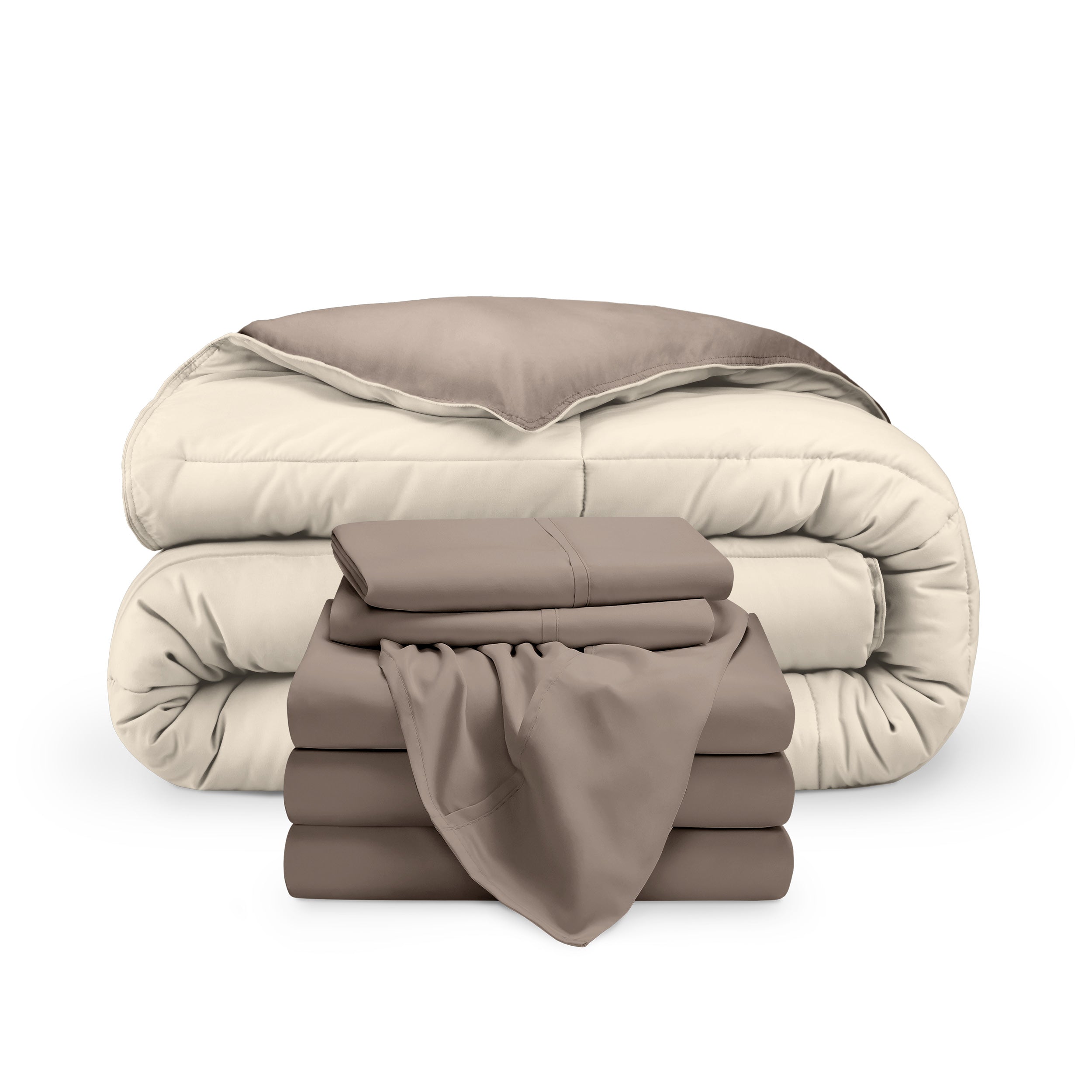 A reversible microfiber comforter and a coordinating sheet set folded and stacked