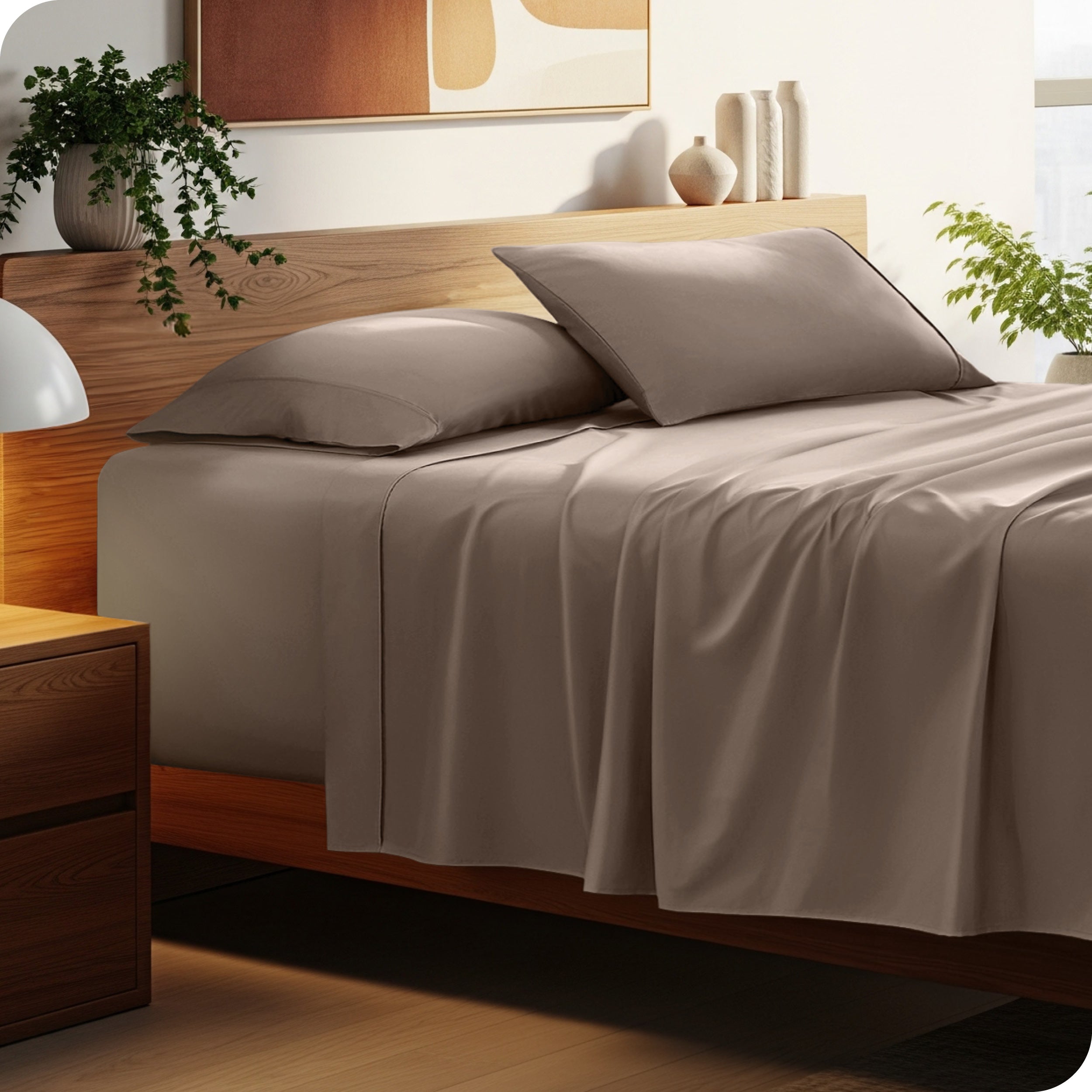 A cozy bedroom featuring a neatly made bed with soft, microfiber sheets