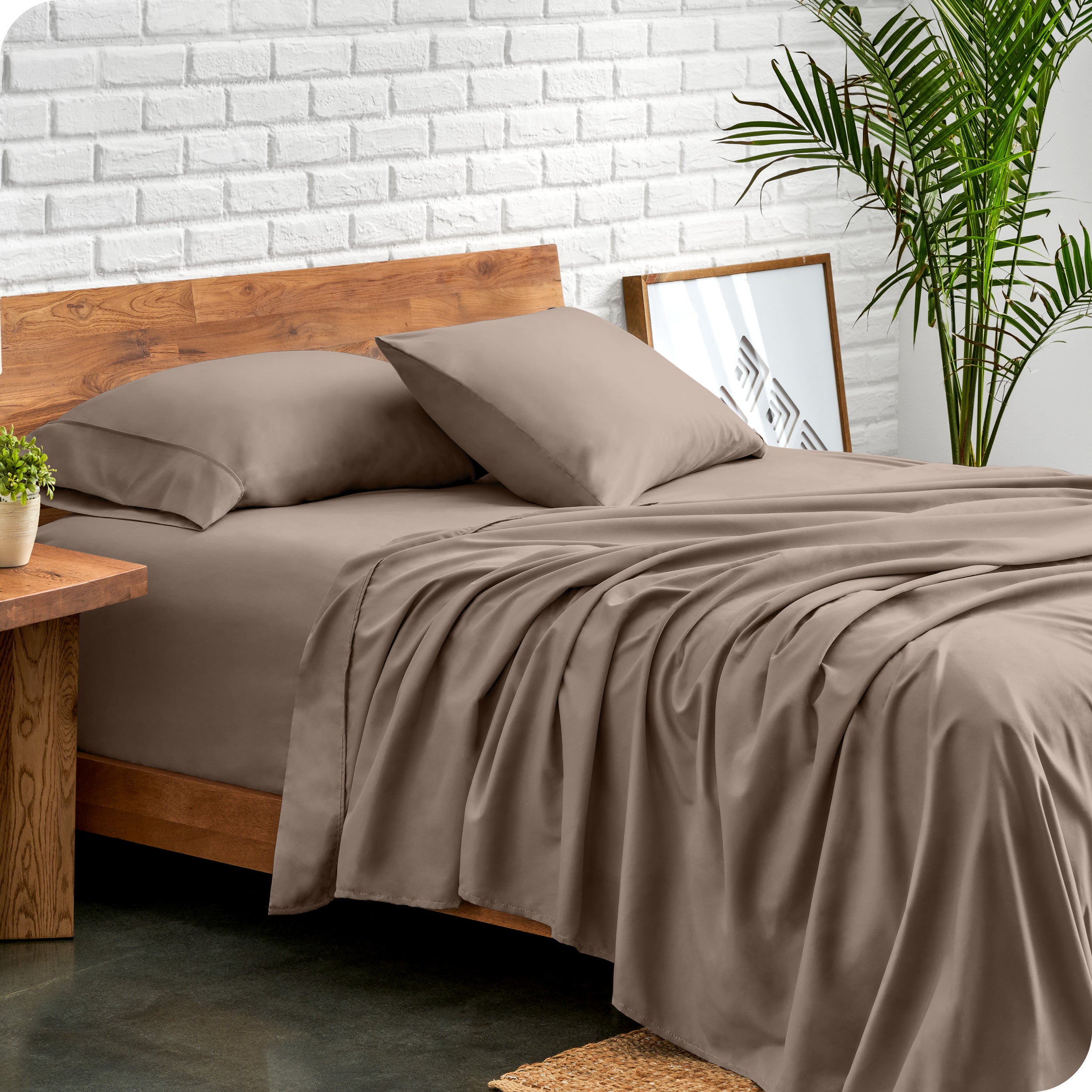 Microfiber sheets and matching pillowcases on a bed next to a large plant