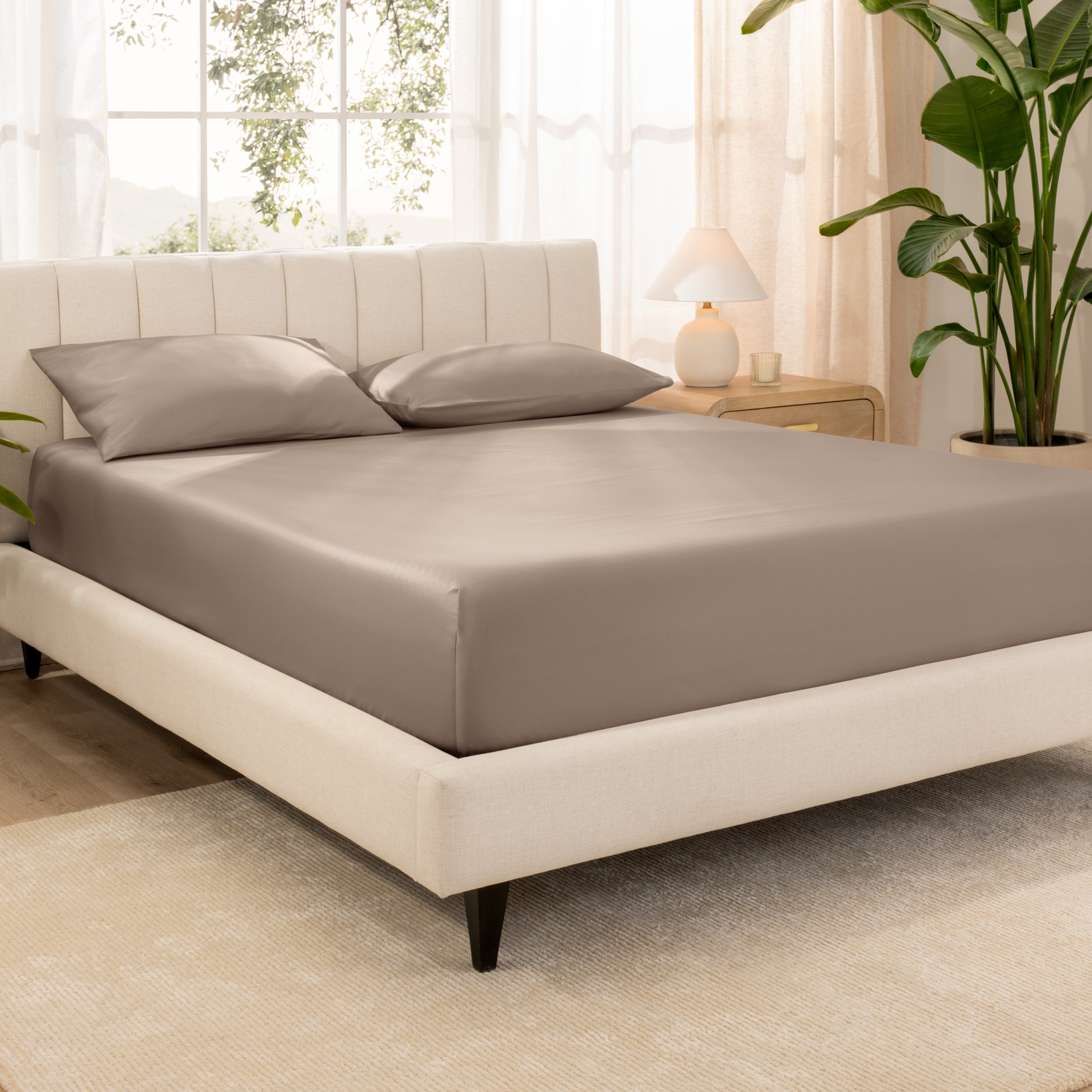 Organic cotton fitted sheet on a bed in a bedroom with a plant and window in the background