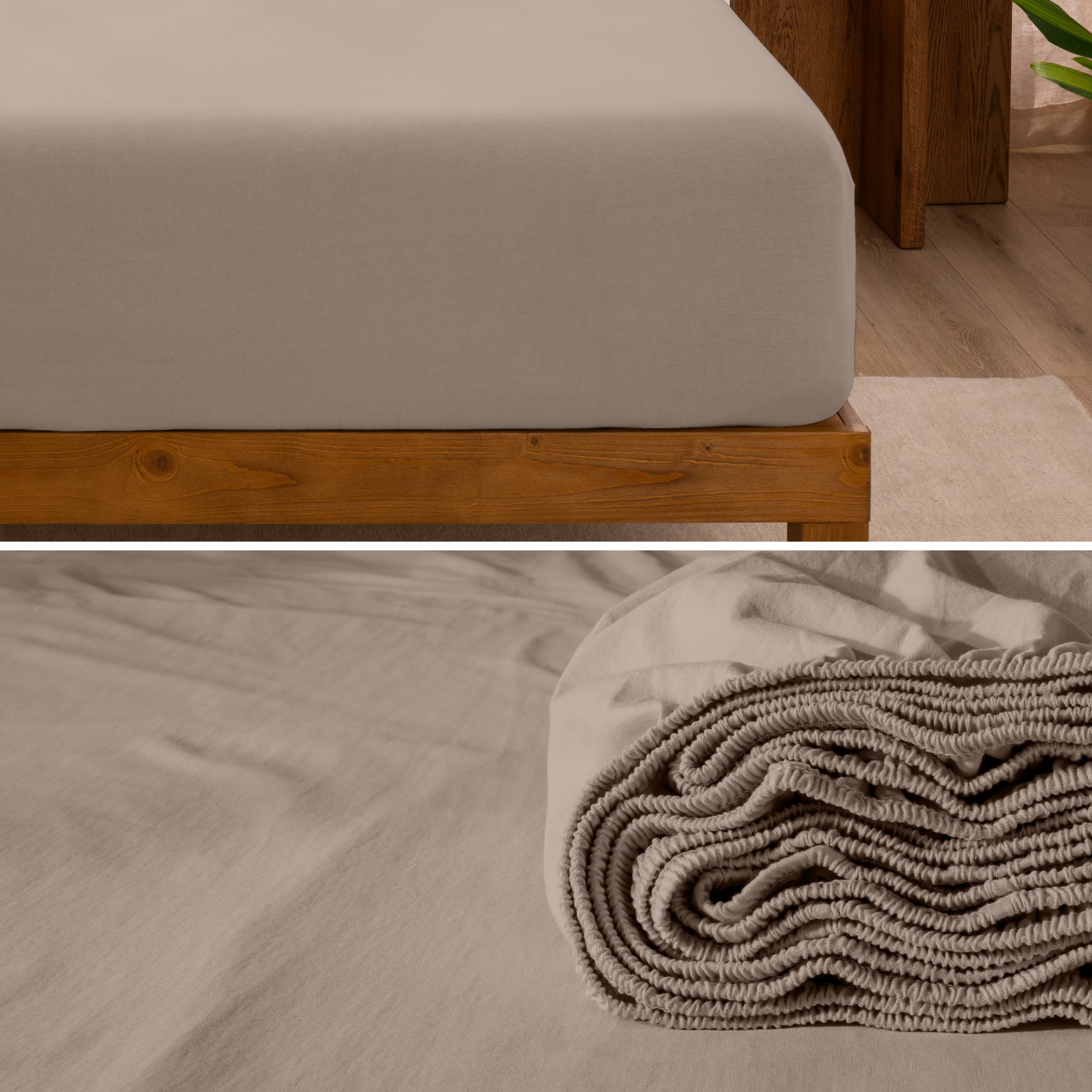 A divided image showing both the corner of a bed with organic jersey sheet and the folded sheet stacked on the bed.