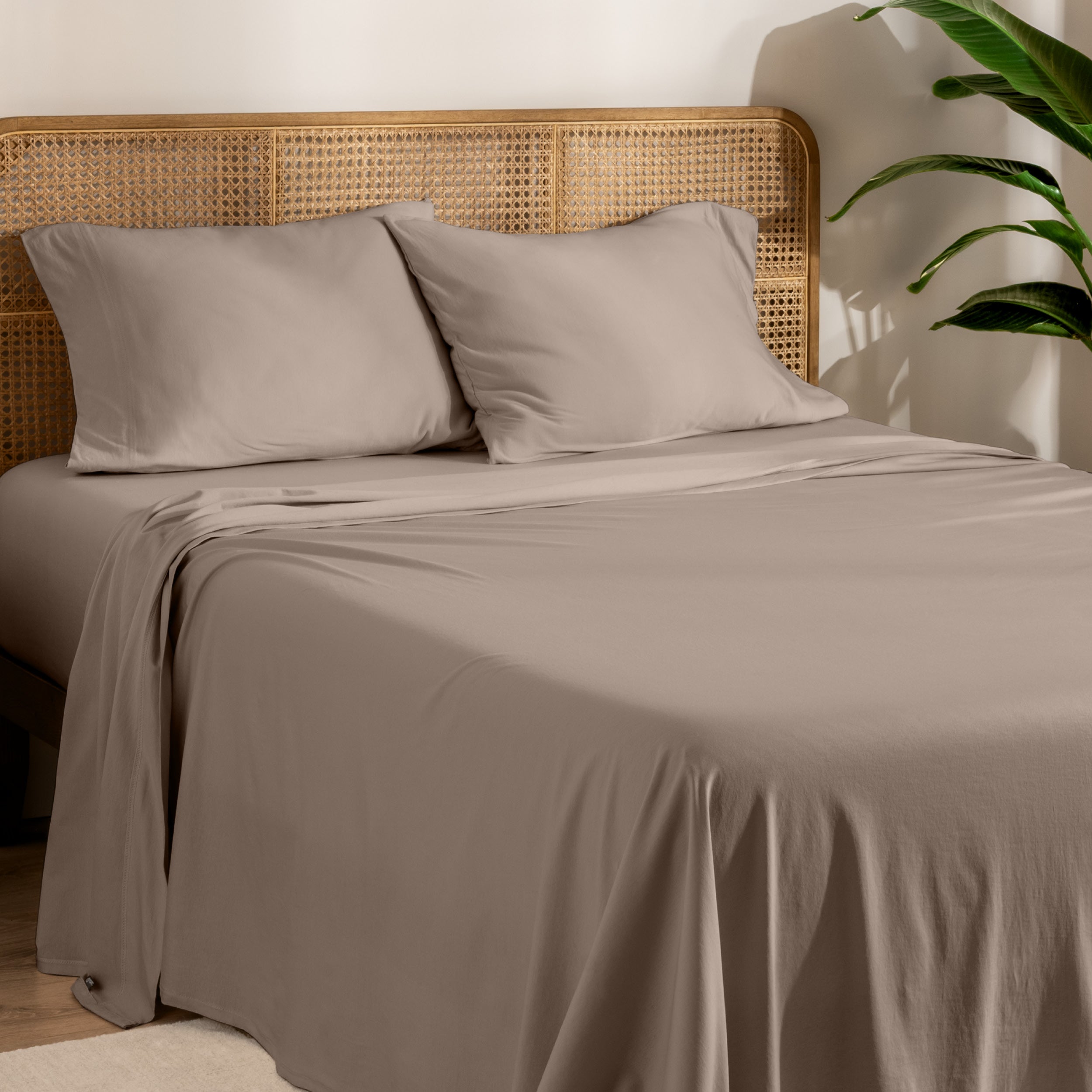 Organic jersey sheets and pillowcases on a bed with plants on the side in a bright and chill room scene.
