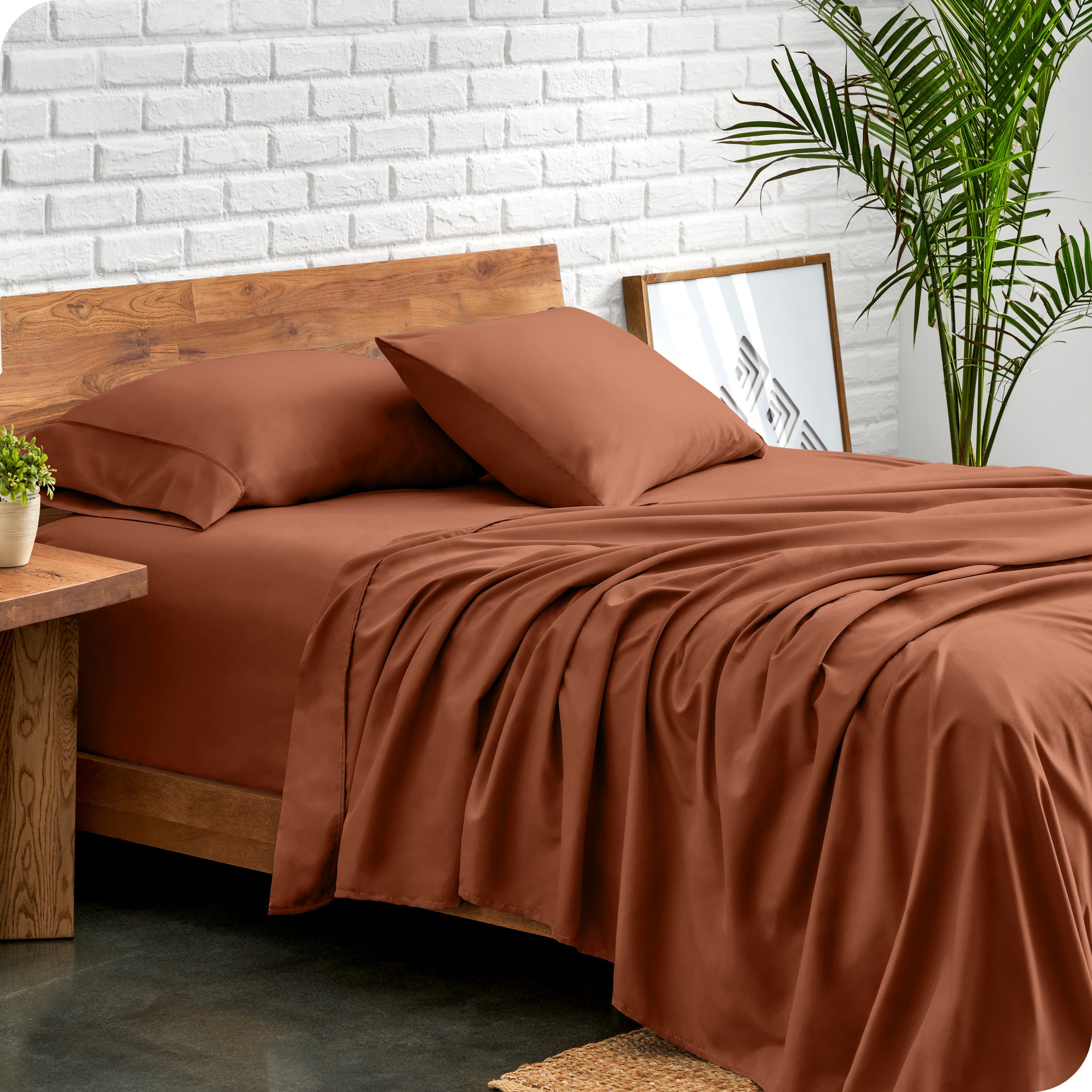 Microfiber sheets and matching pillowcases on a bed next to a large plant