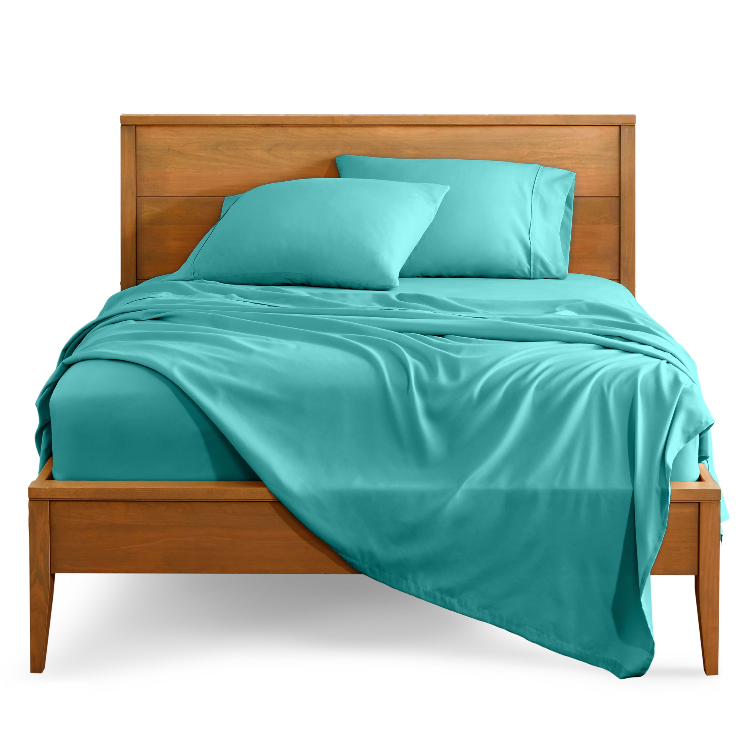 Microfiber sheet set on a bed with a wooden bed frame