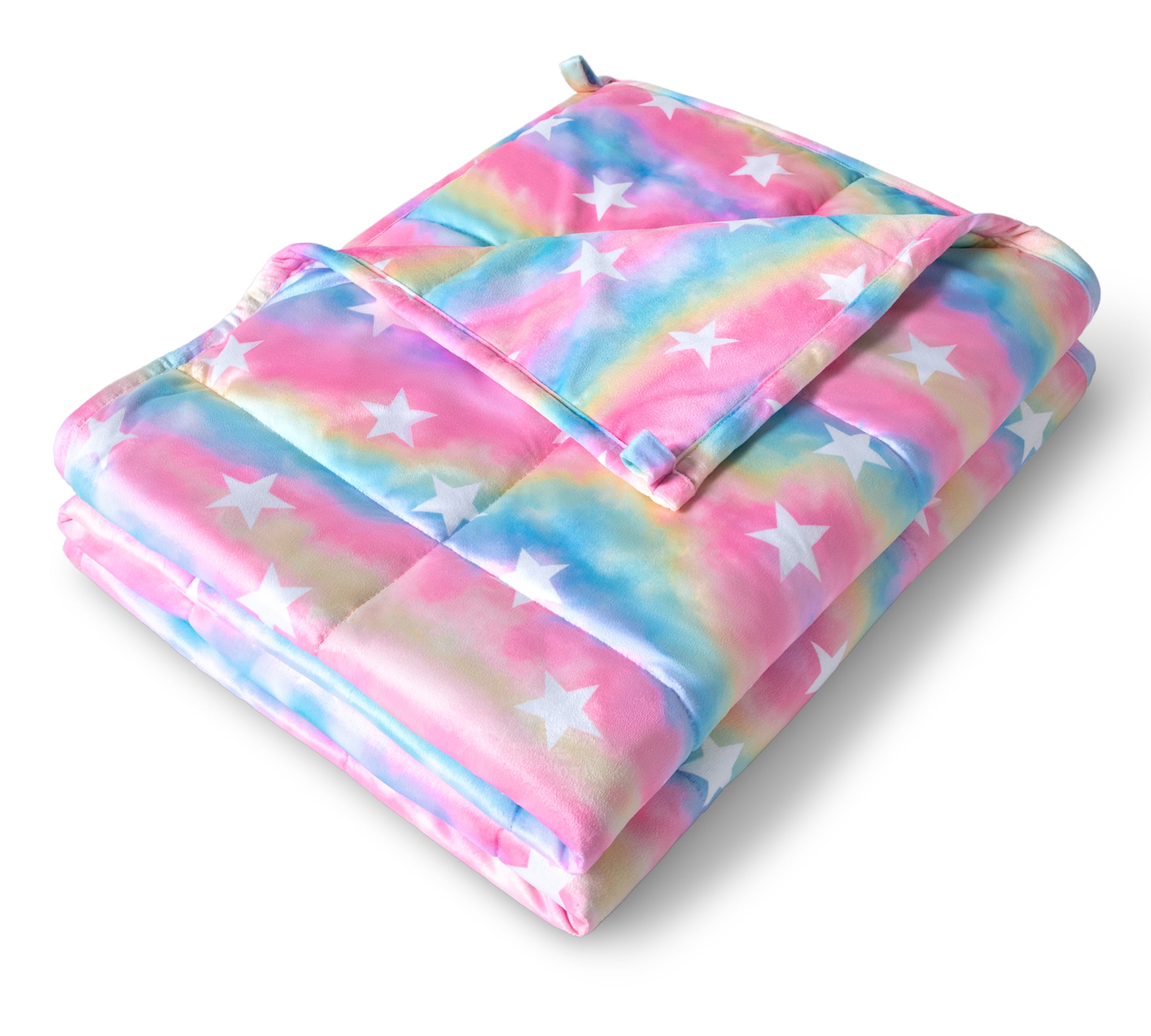 A folded minky fleece weighted blanket with a white background.