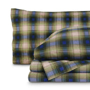 Printed flannel sheets folded and stacked
