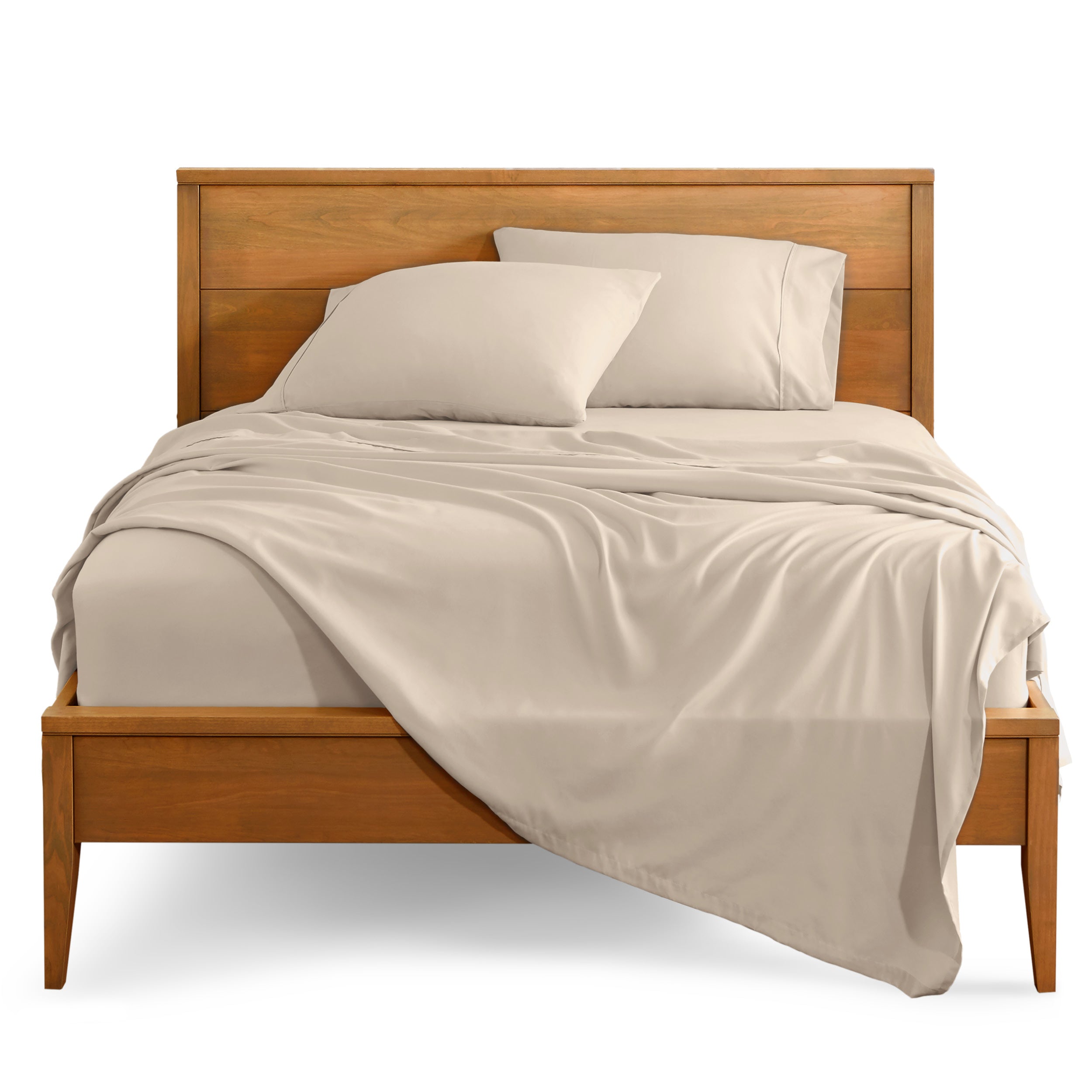 Microfiber sheet set on a bed with a wooden bed frame