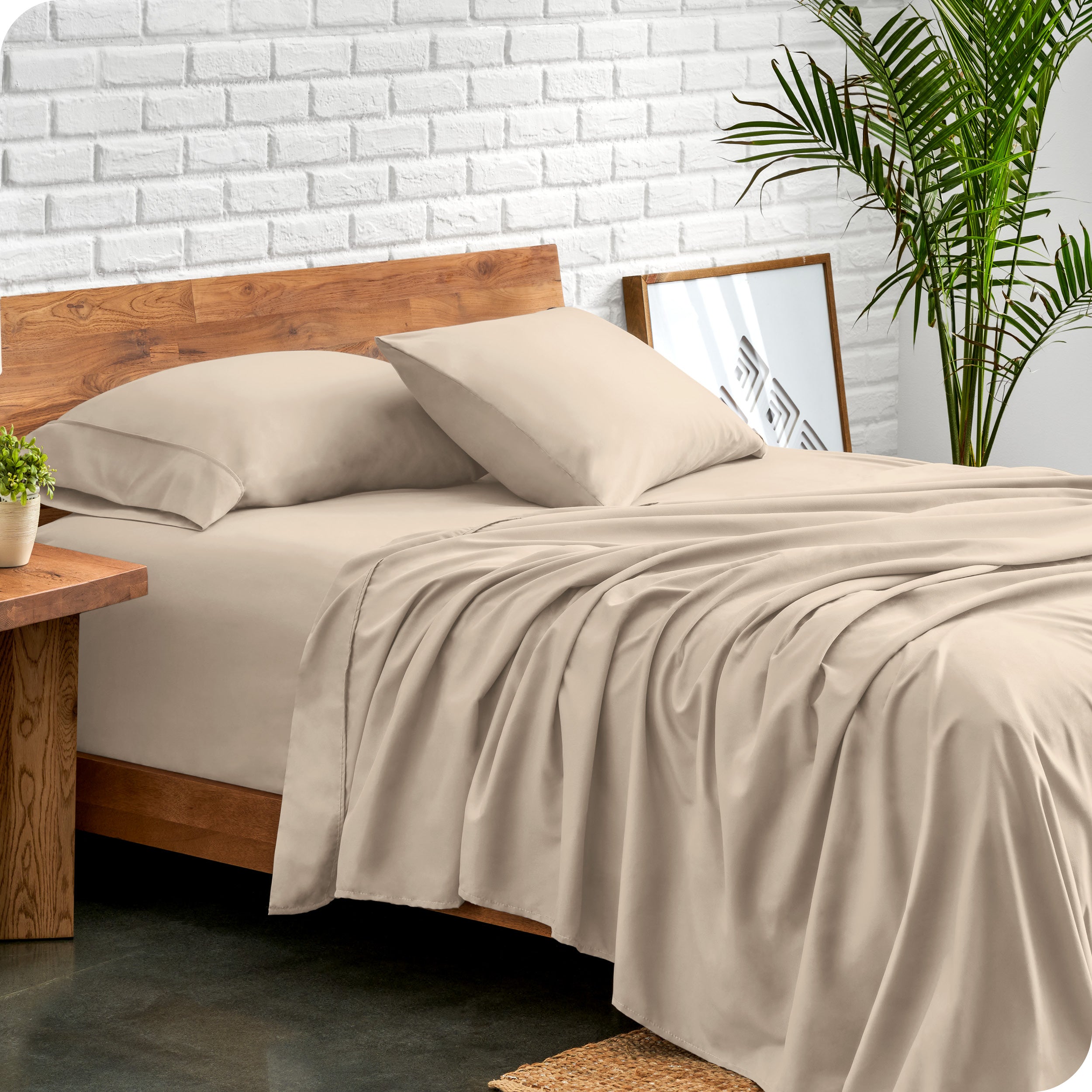 Microfiber sheets and matching pillowcases on a bed next to a large plant