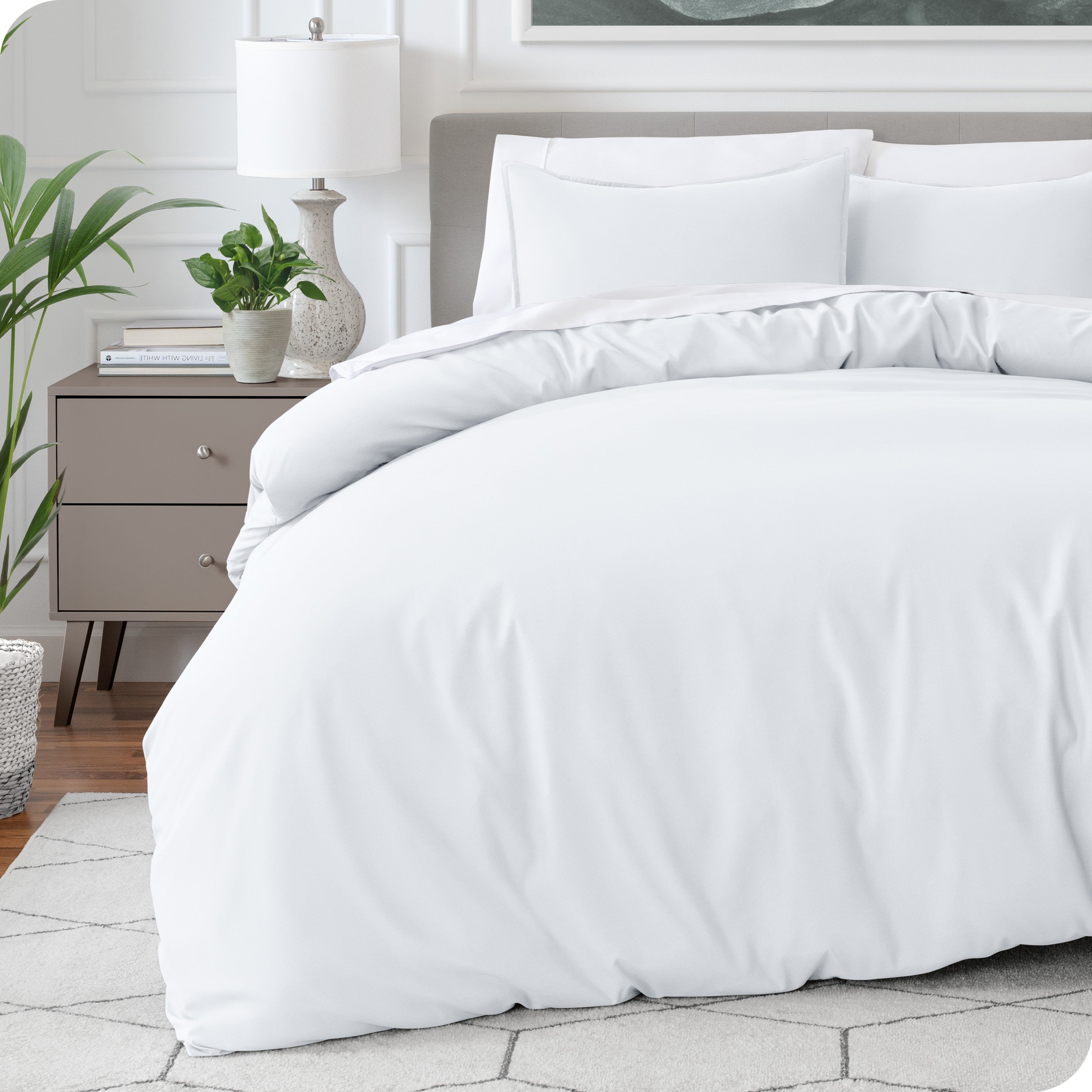 Modern bedroom with a microfiber duvet cover on the bed