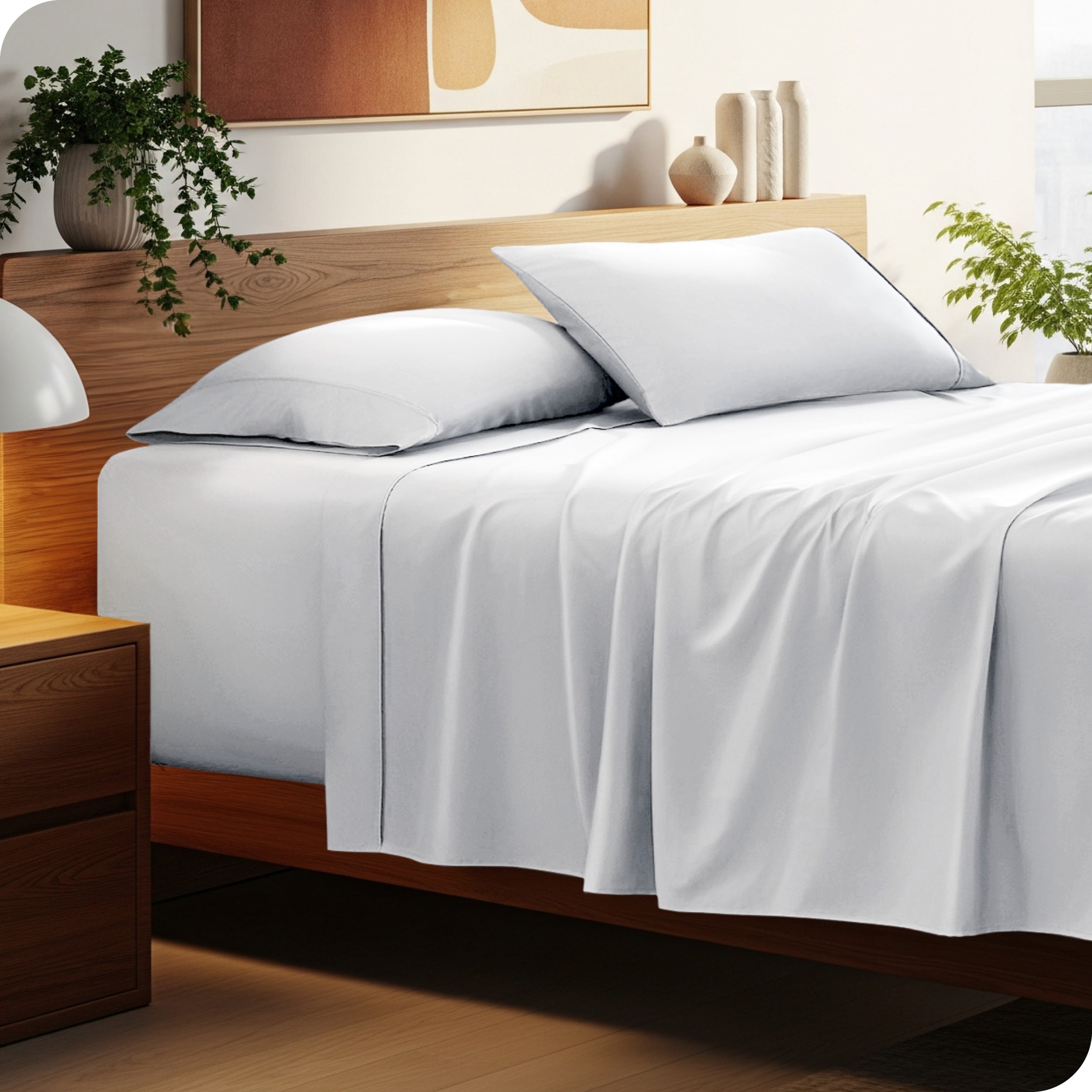 A cozy bedroom featuring a neatly made bed with soft, microfiber sheets