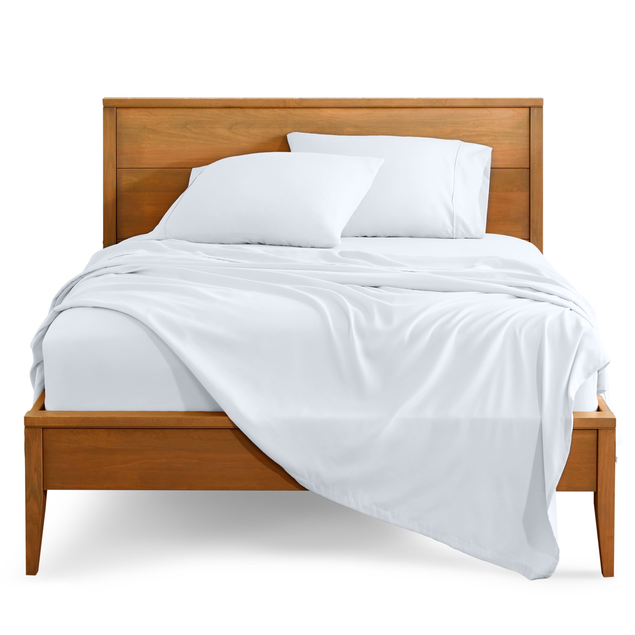 Microfiber sheet set on a bed with a wooden bed frame