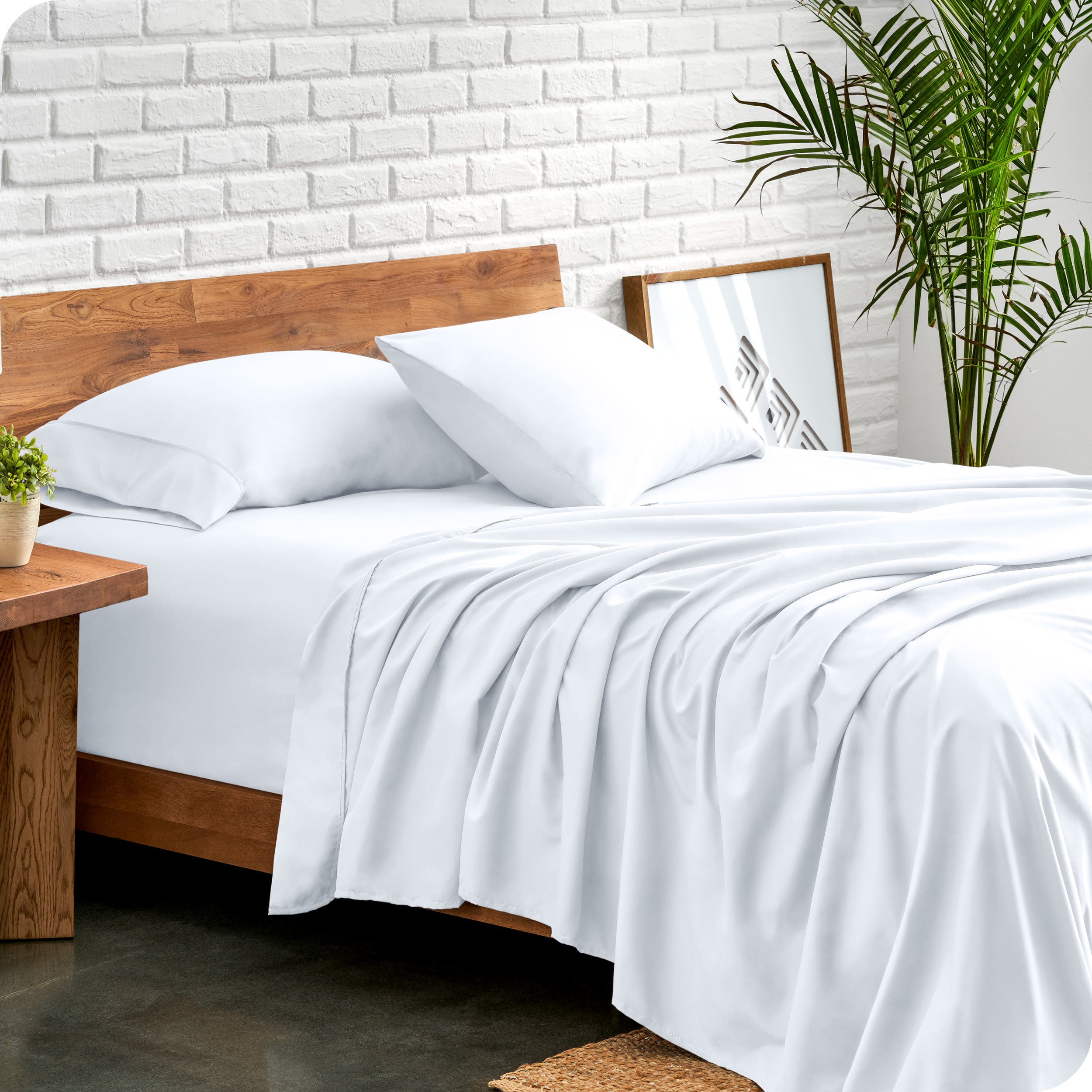 Microfiber sheets and matching pillowcases on a bed next to a large plant