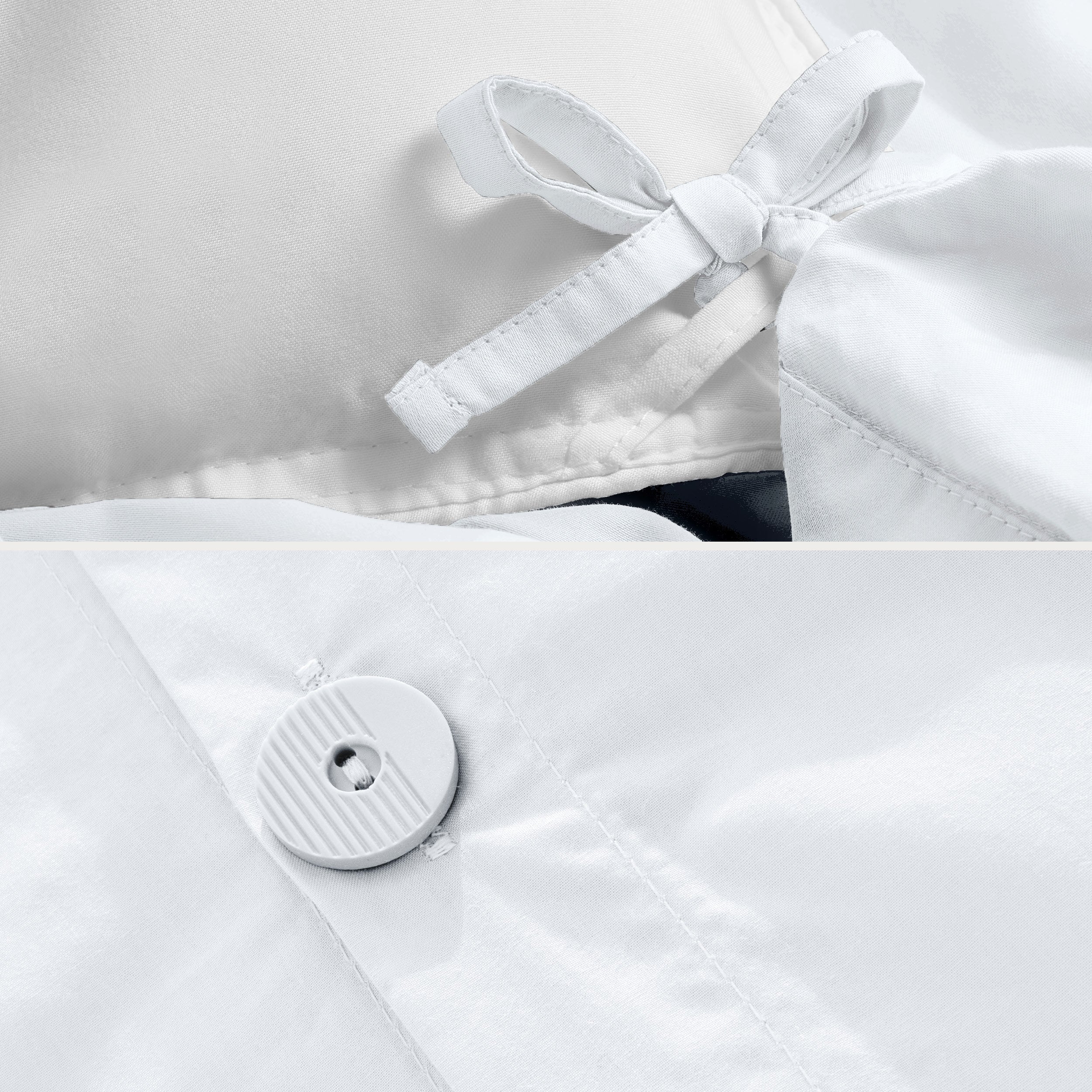 A close view of the corner tie of the duvet cover and the buttons for pillow shams