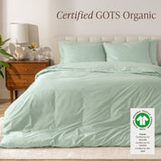A modern bed with a organic cotton percale duvet cover on, it's Certified GOTS Organic.
