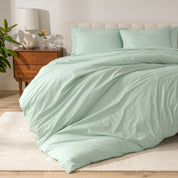 A modern bed with a organic cotton percale duvet cover on.