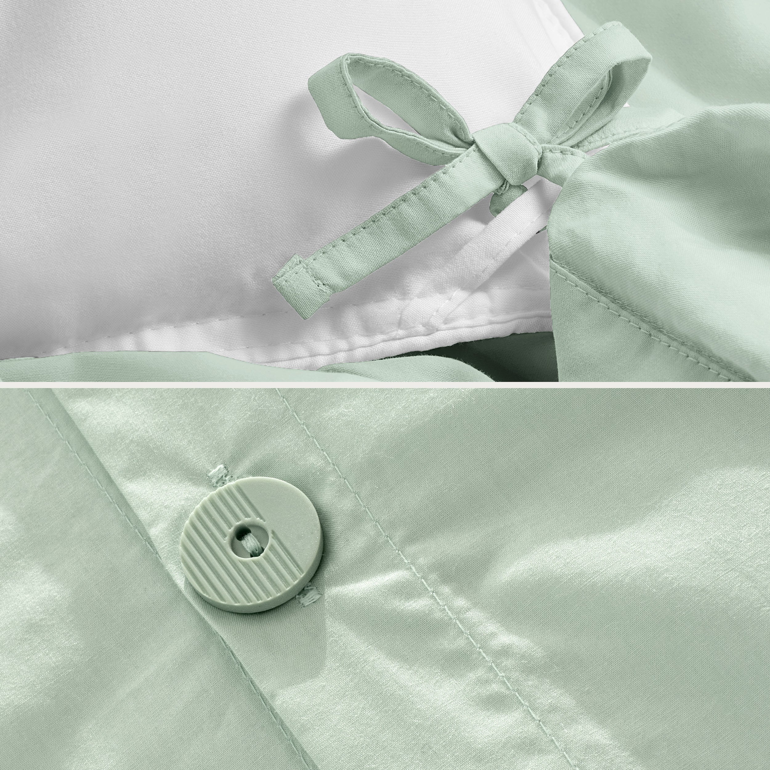 A close view of the corner tie of the duvet cover and the buttons for pillow shams