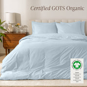 A modern bed with a organic cotton percale duvet cover on, it's Certified GOTS Organic.