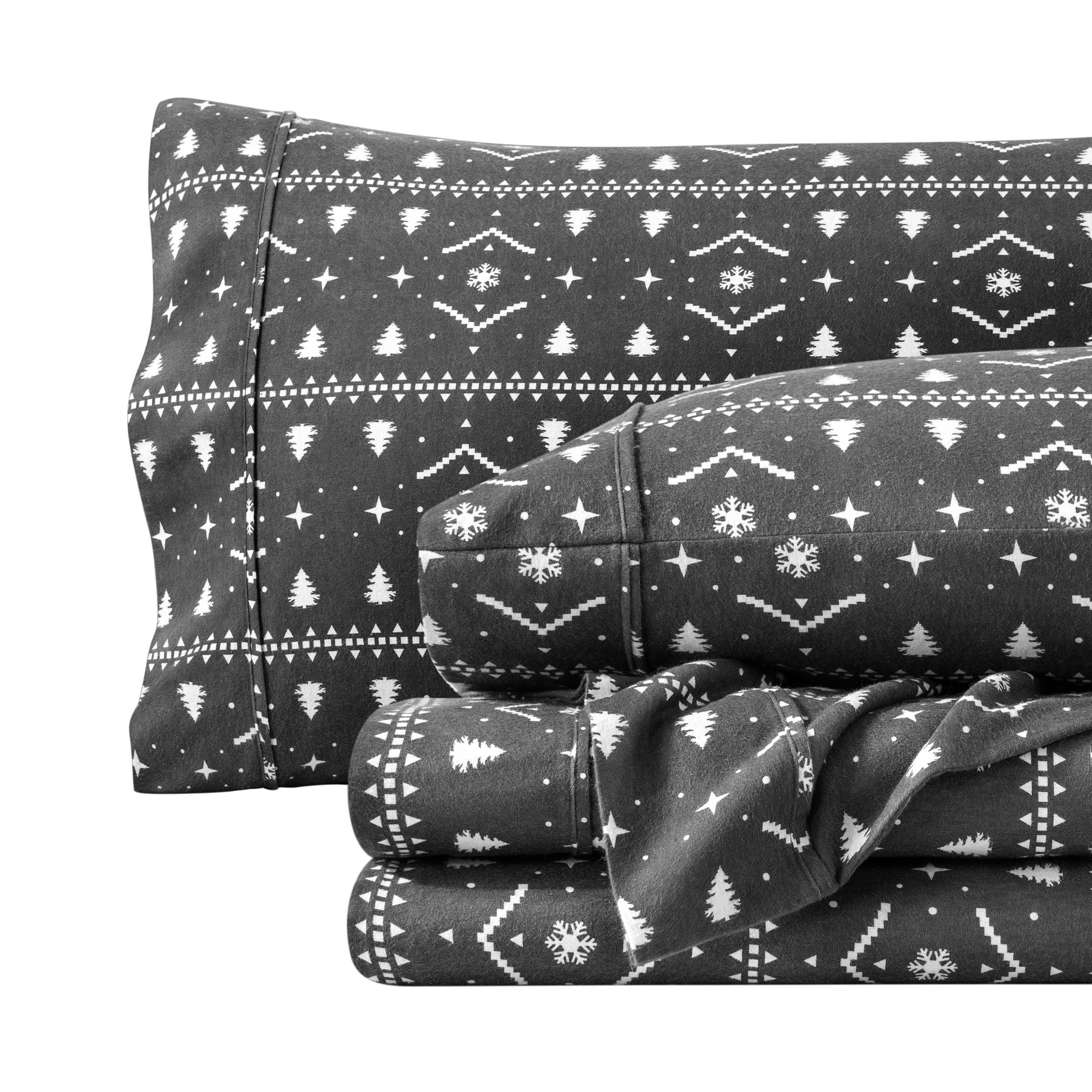 Printed flannel sheets folded and stacked
