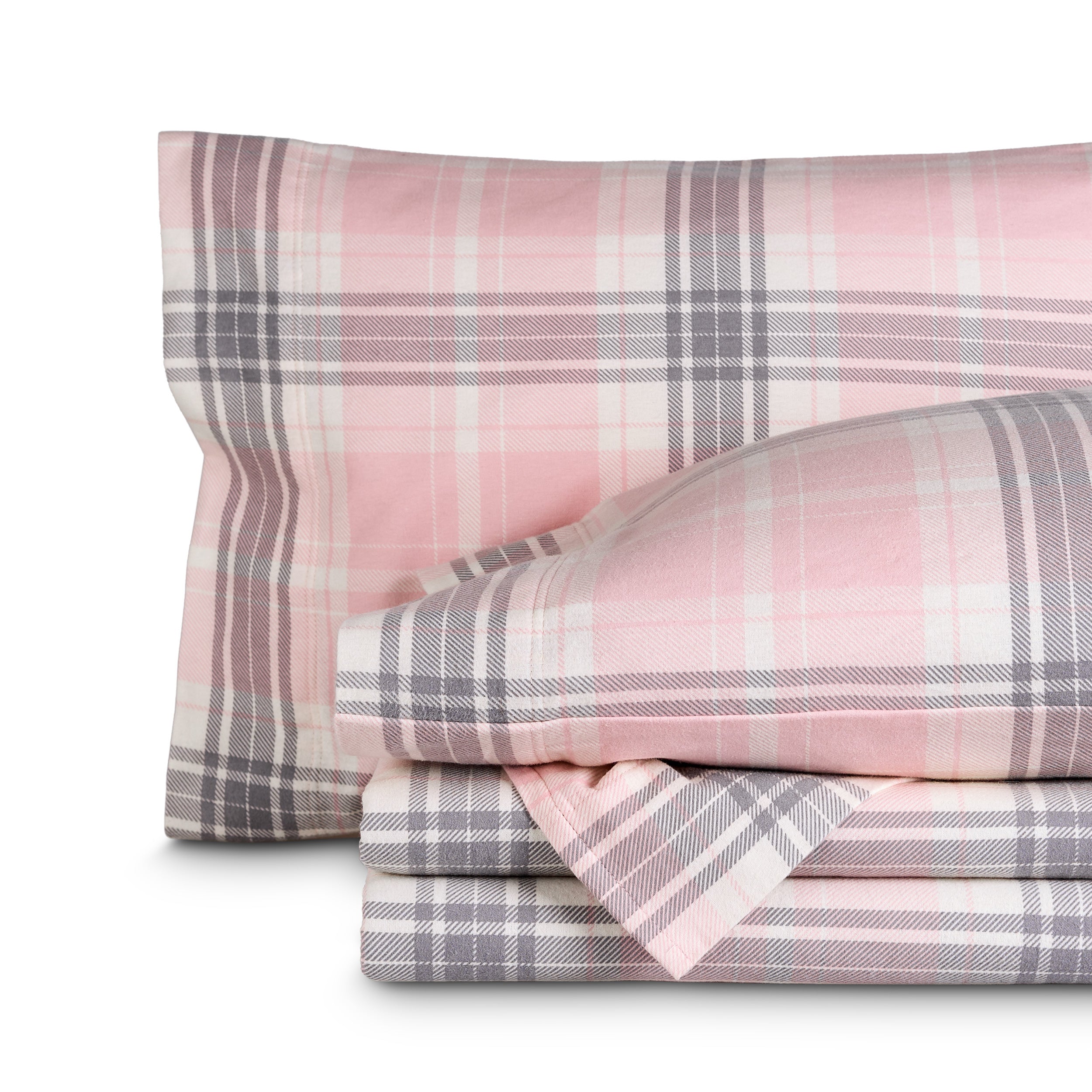 Printed flannel sheets folded and stacked