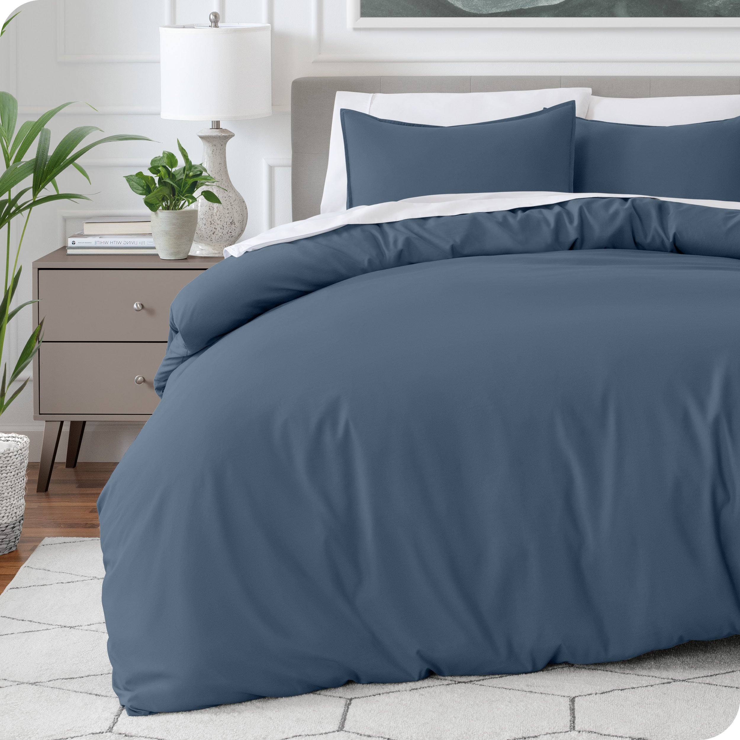 Modern bedroom with a microfiber duvet cover on the bed