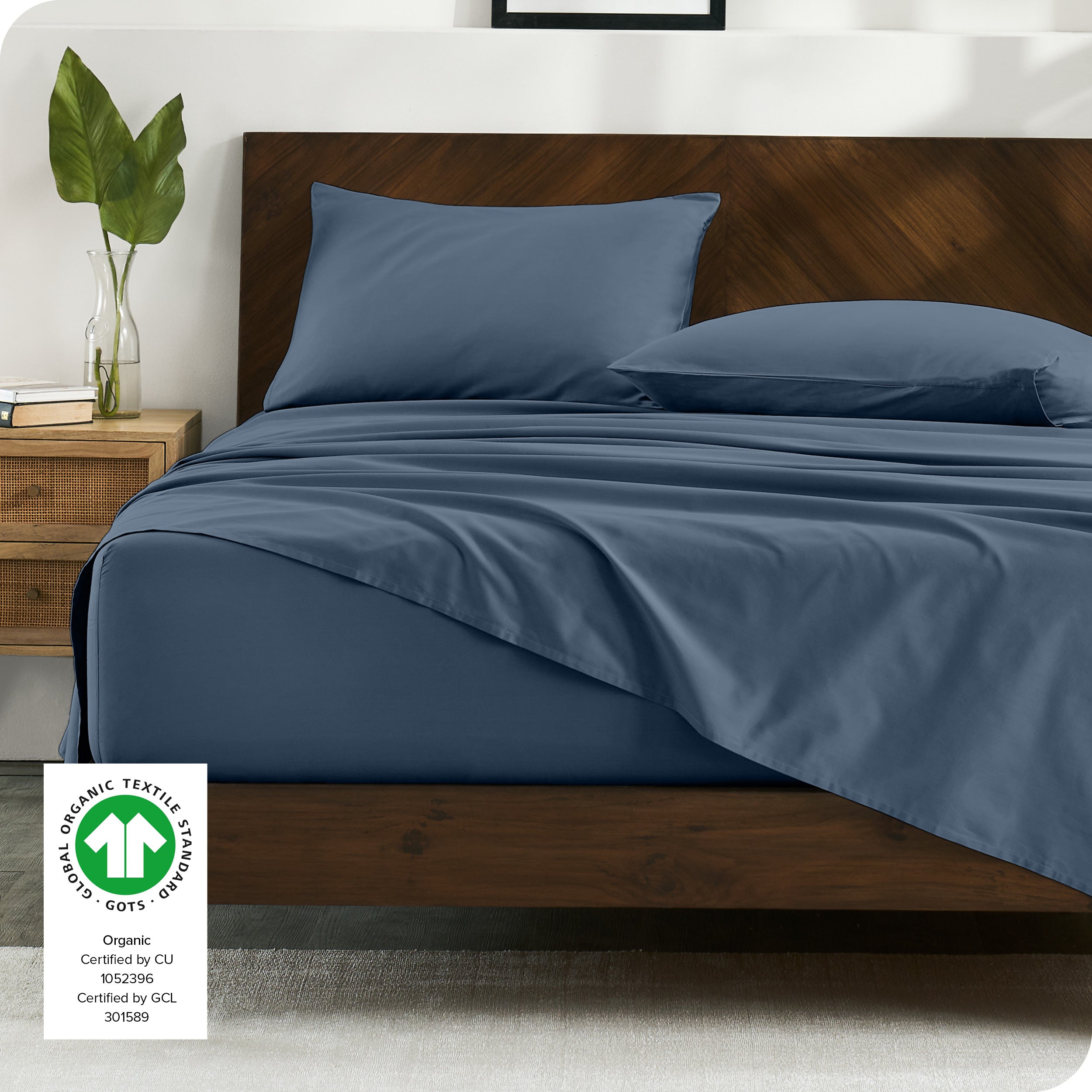 Modern bedroom with organic cotton sateen sheets on the bed