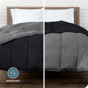 An image divided in two sides showing different side's color of reversible comforter on a bed.
