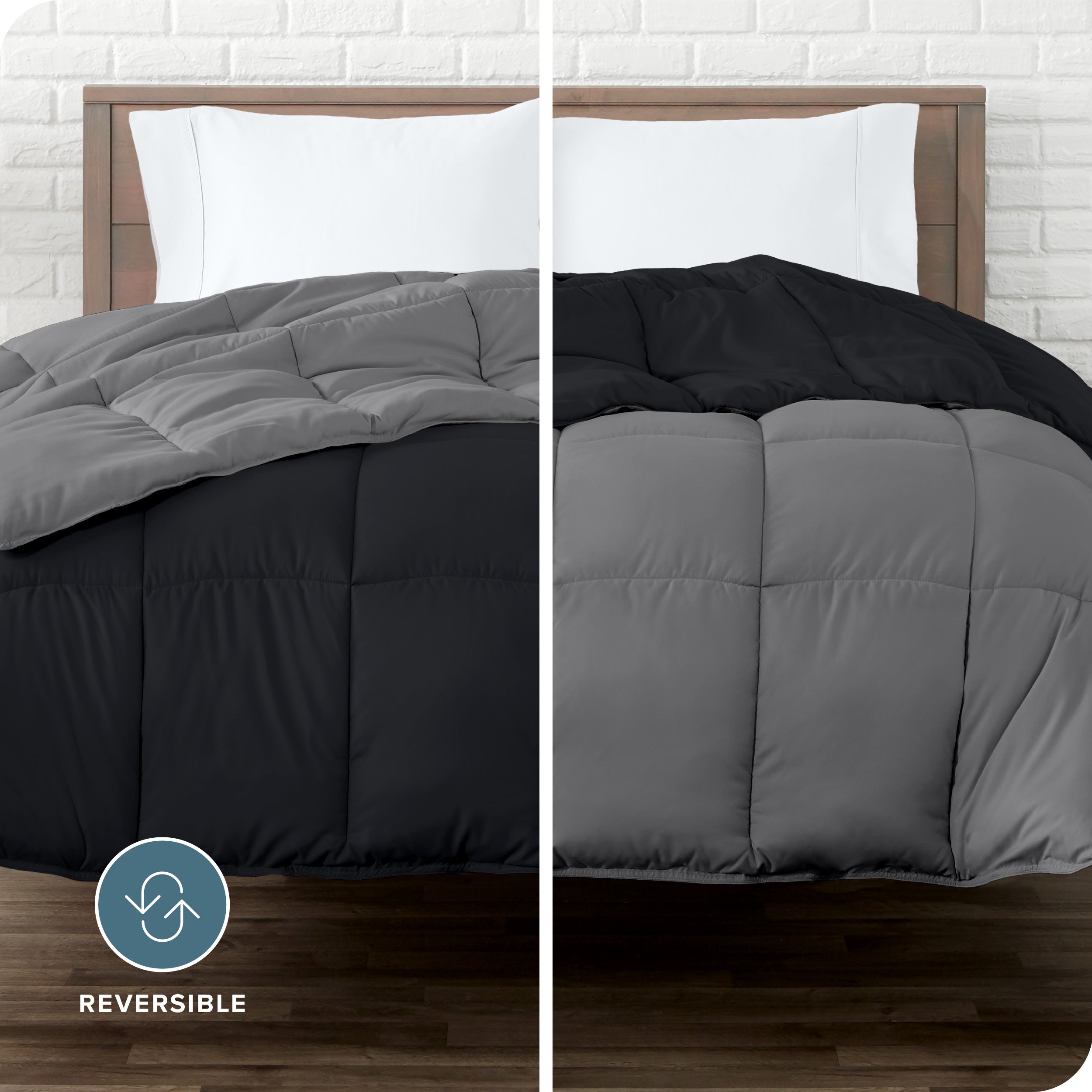 An image divided in two sides showing different side's color of reversible comforter on a bed.