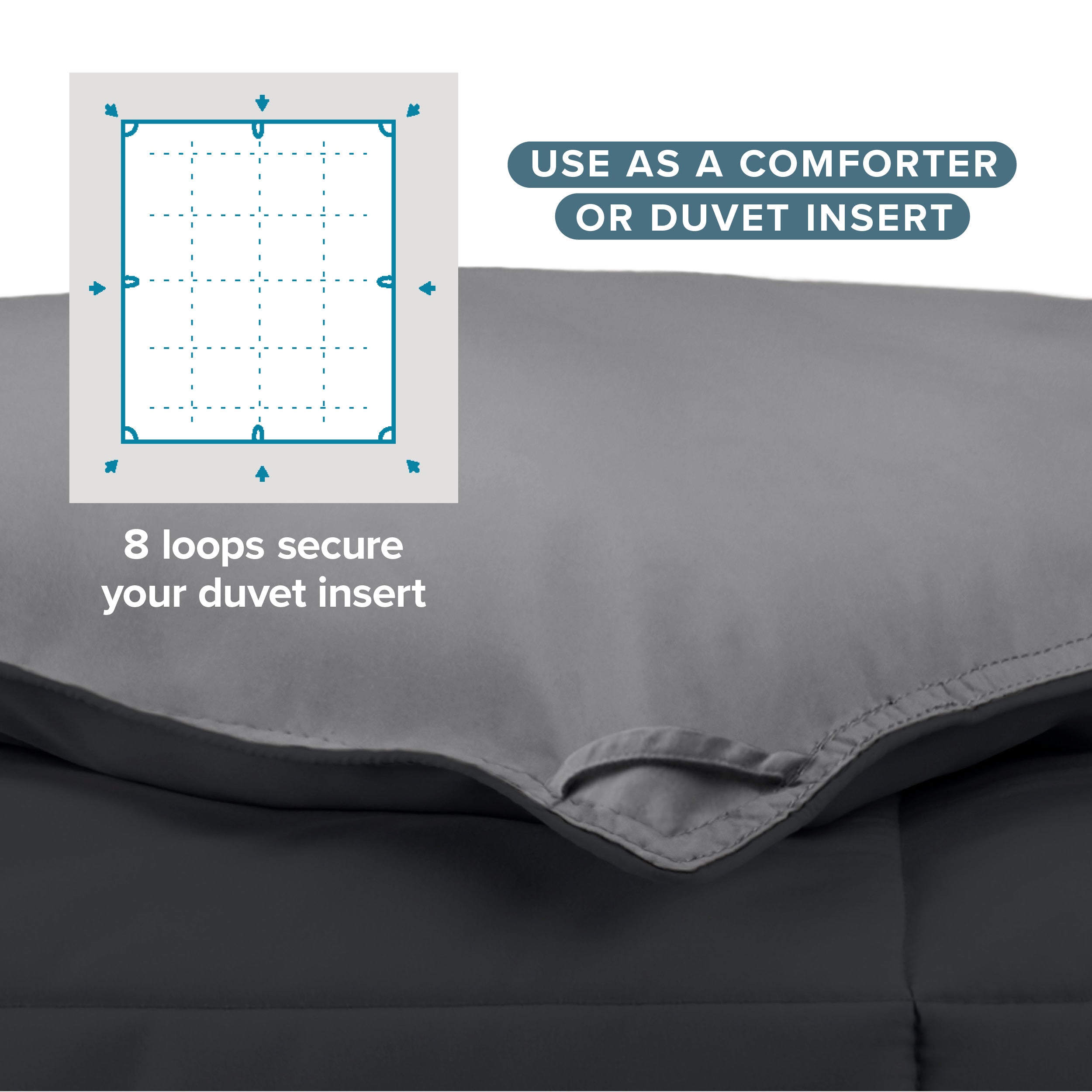 The 8 loops of the comforter used to attach a duvet cover.