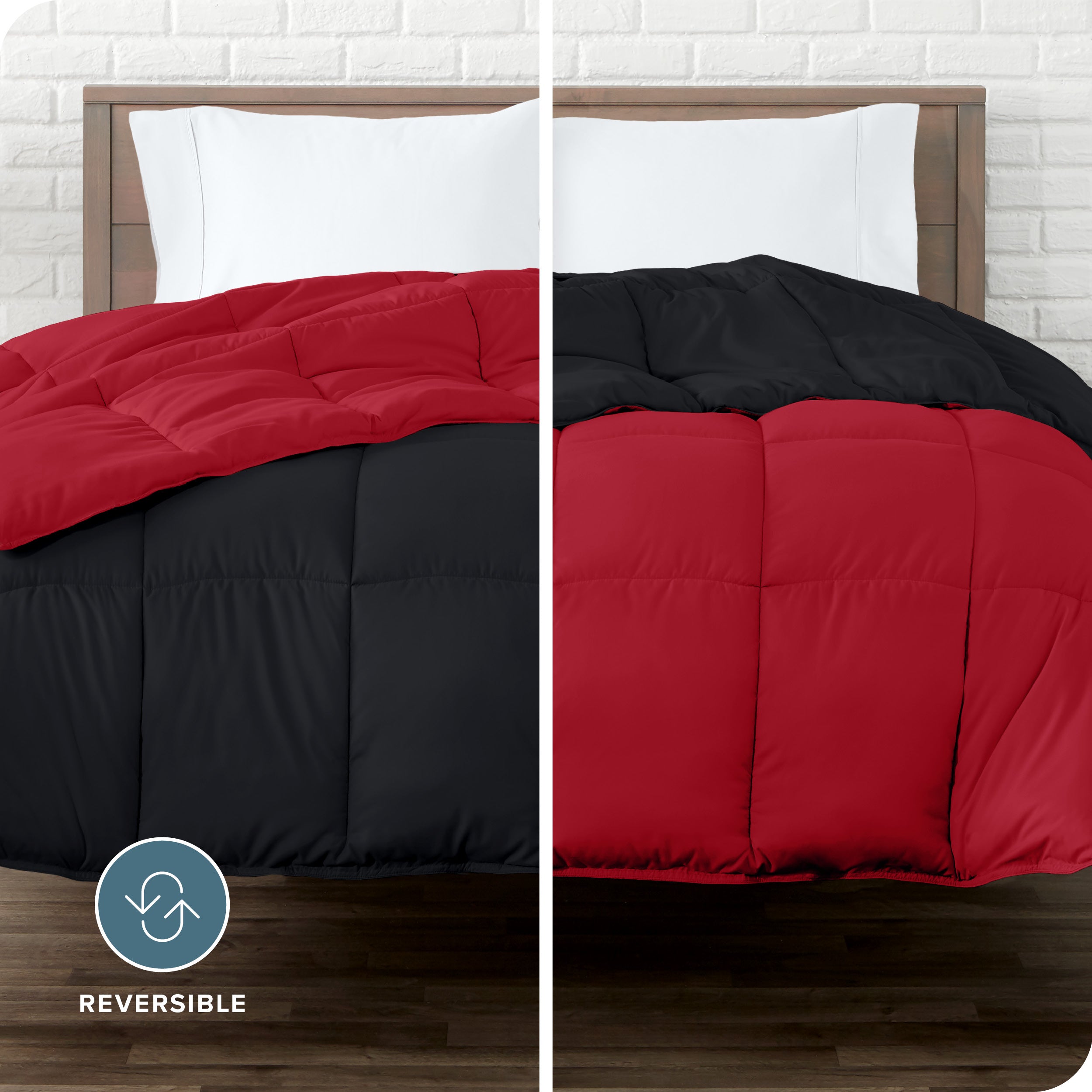 An image divided in two sides showing different side's color of reversible comforter on a bed.